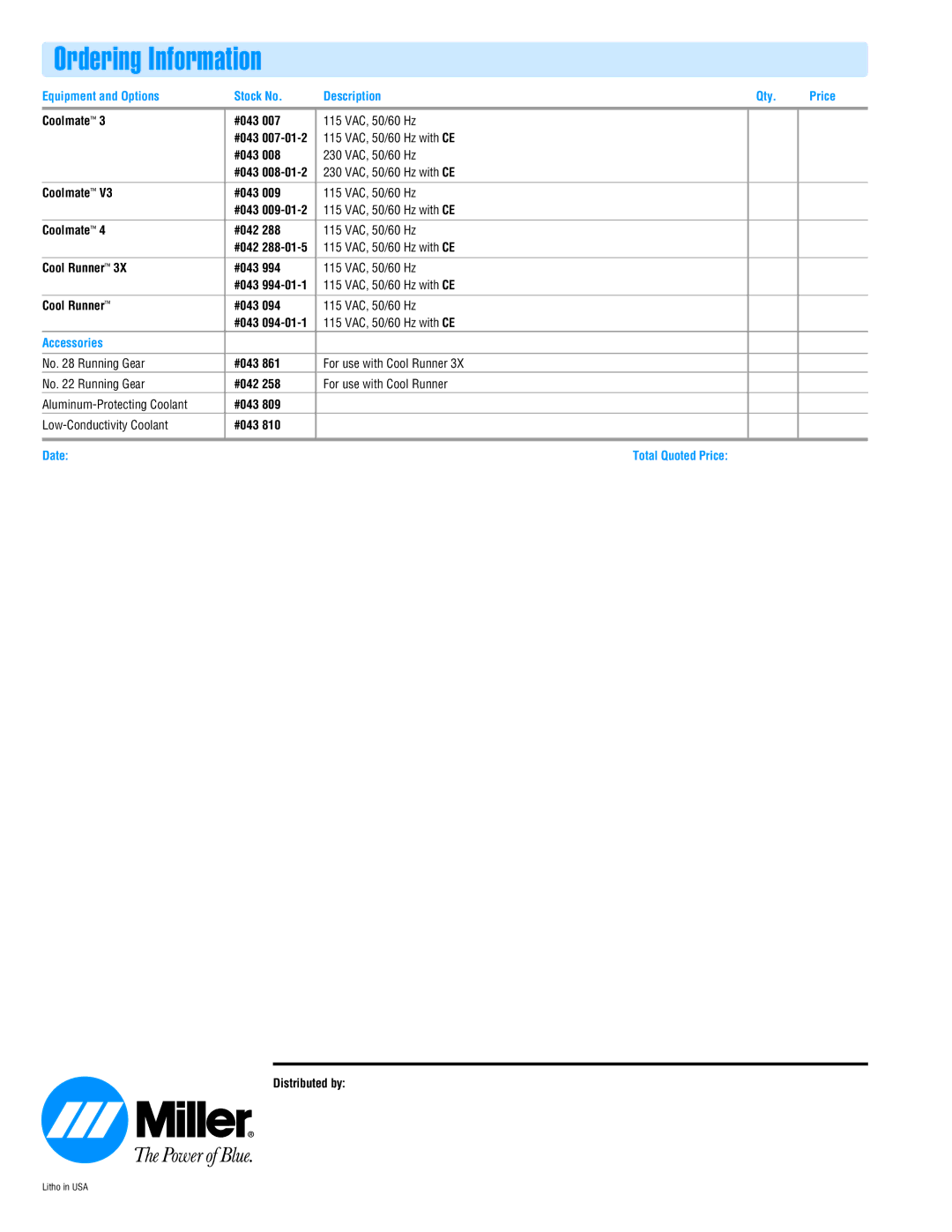 Miller Electric AY7 manual Ordering Information, Equipment and Options Stock No Description Qty Price 