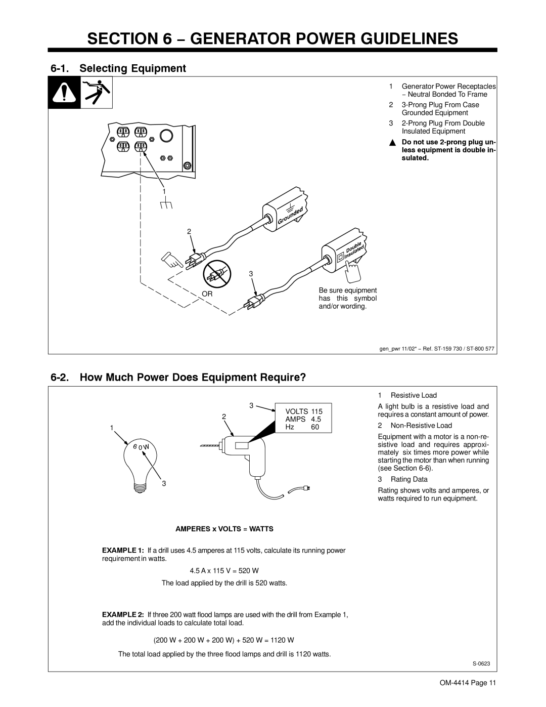 Miller Electric Belt/Hydraulic-Driven Generator Generator Power Guidelines, Selecting Equipment, Amperes x Volts = Watts 