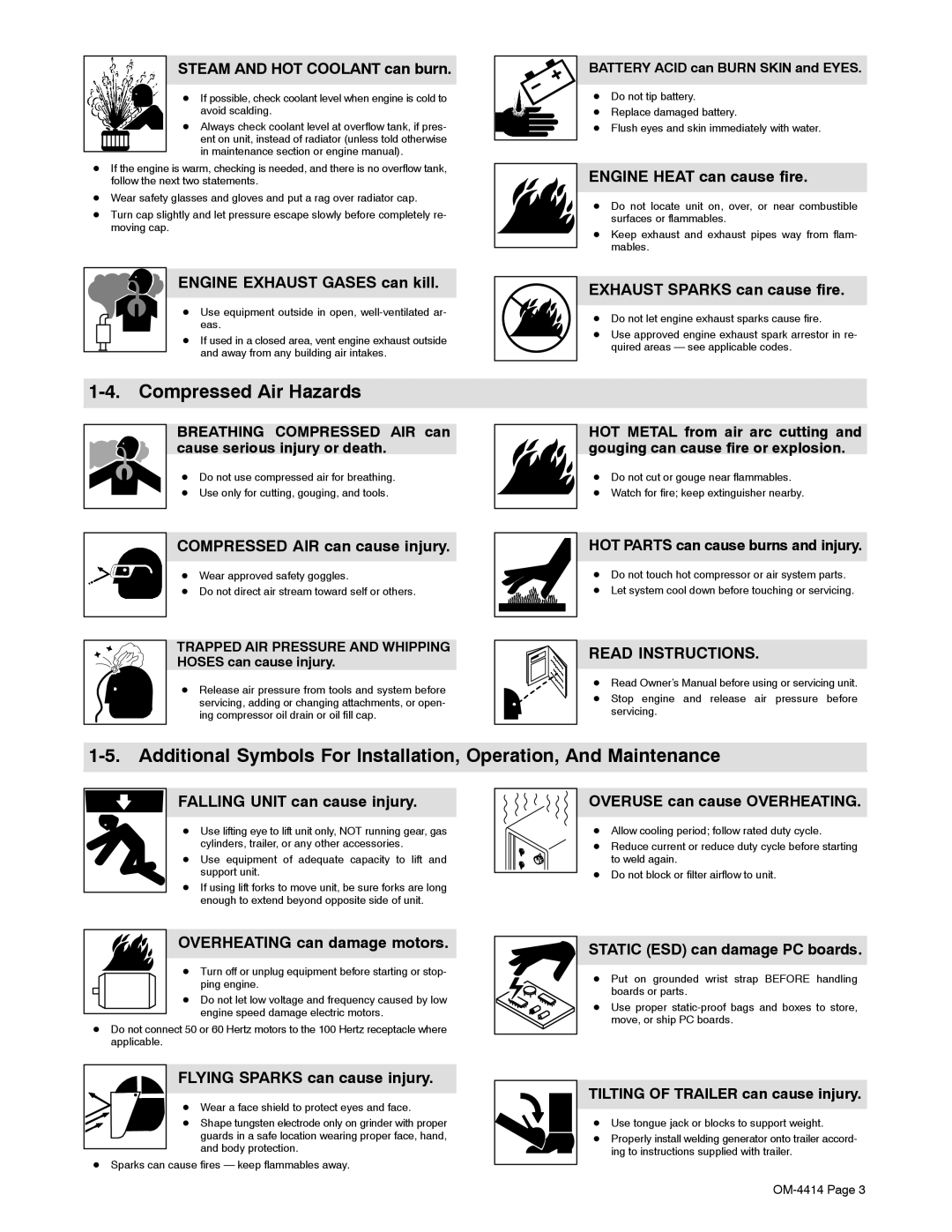 Miller Electric Belt/Hydraulic-Driven Generator manual Compressed Air Hazards 