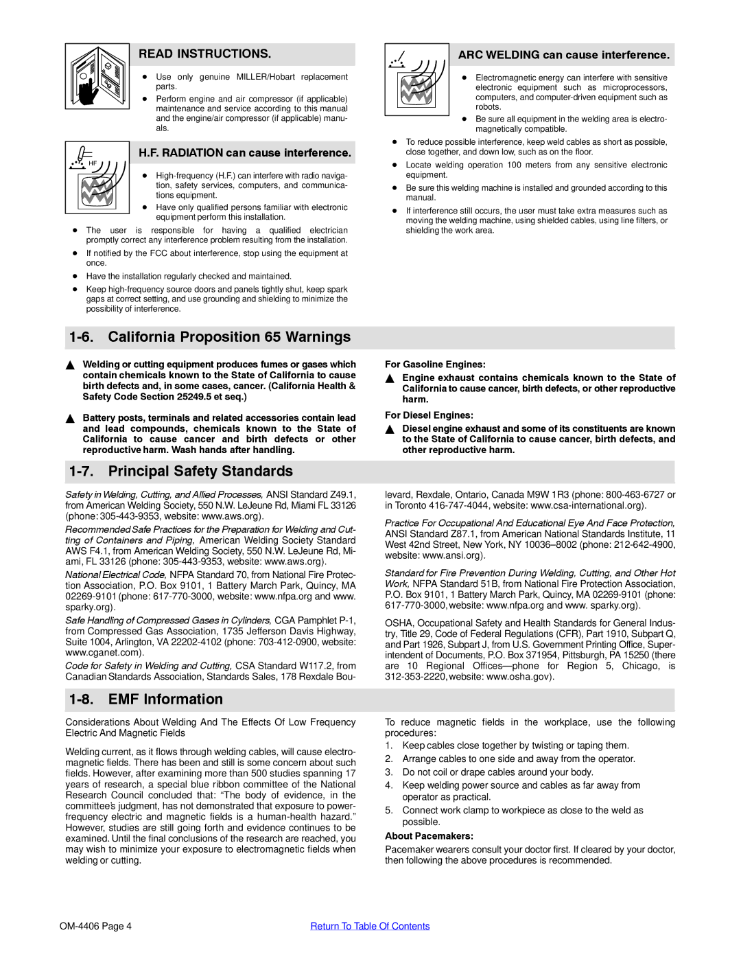 Miller Electric Big 40 CAT manual California Proposition 65 Warnings, Principal Safety Standards, EMF Information 