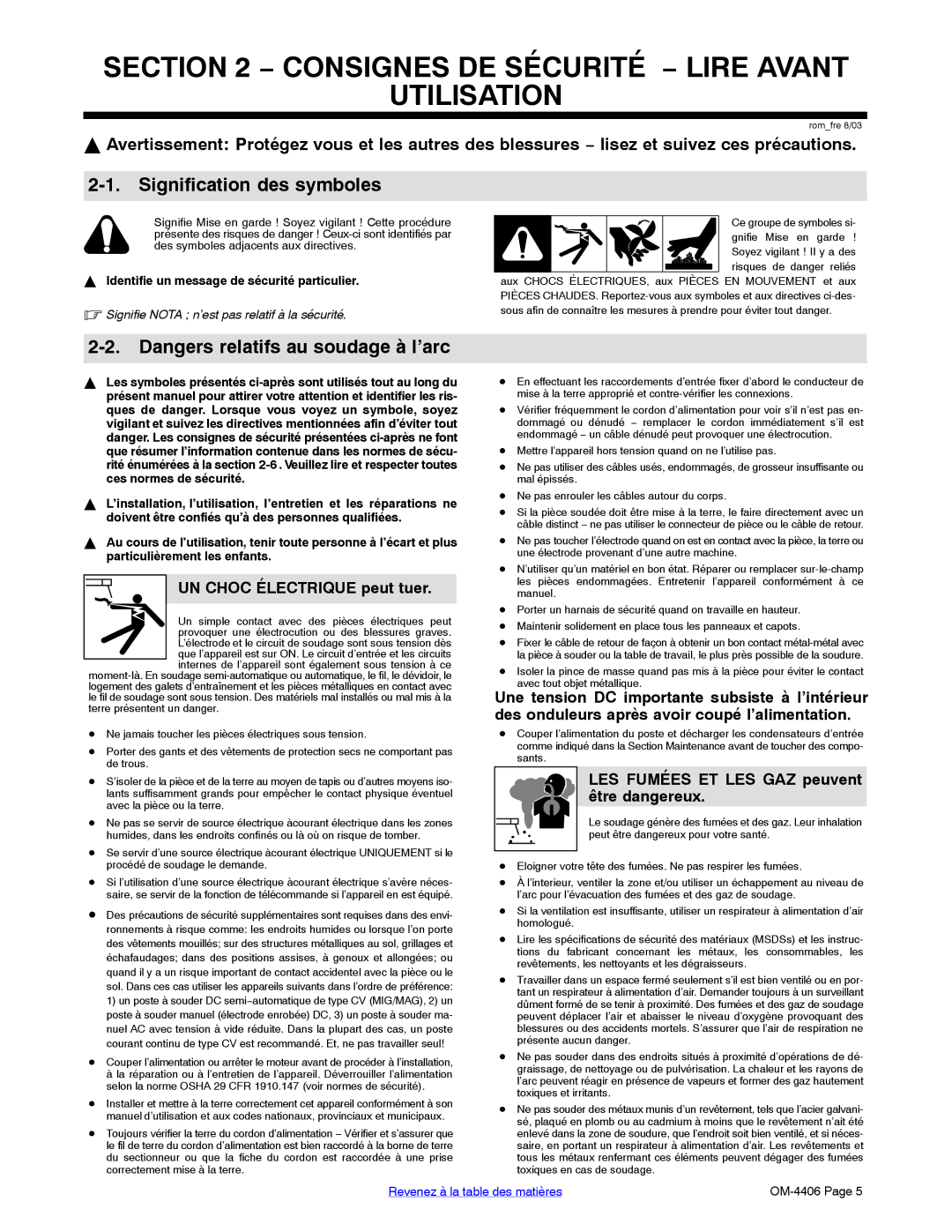 Miller Electric Big 40 CAT manual Consignes DE Sécurité − Lire Avant Utilisation, Signification des symboles 