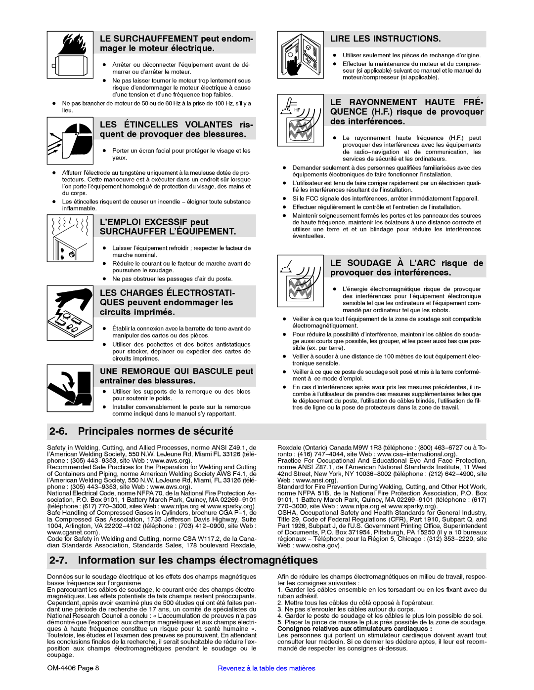 Miller Electric Big 40 CAT manual Principales normes de sécurité, Information sur les champs électromagnétiques 