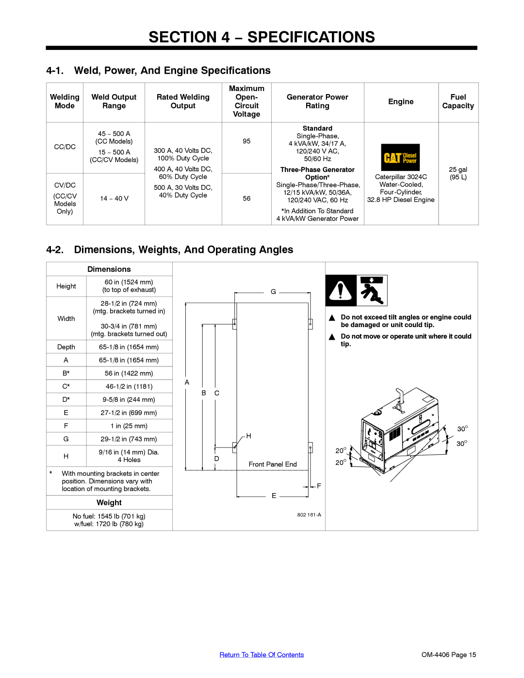 Miller Electric Big 40 CAT manual Weld, Power, And Engine Specifications, Dimensions, Weights, And Operating Angles 