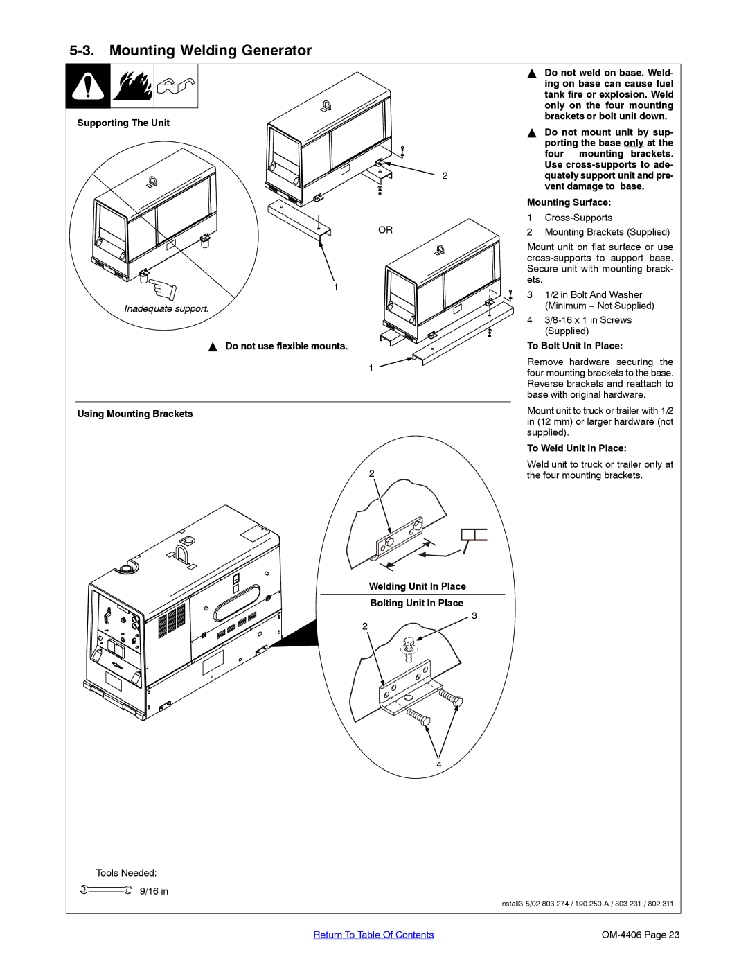 Miller Electric Big 40 CAT manual Mounting Welding Generator, Supporting The Unit, Mounting Surface, To Bolt Unit In Place 