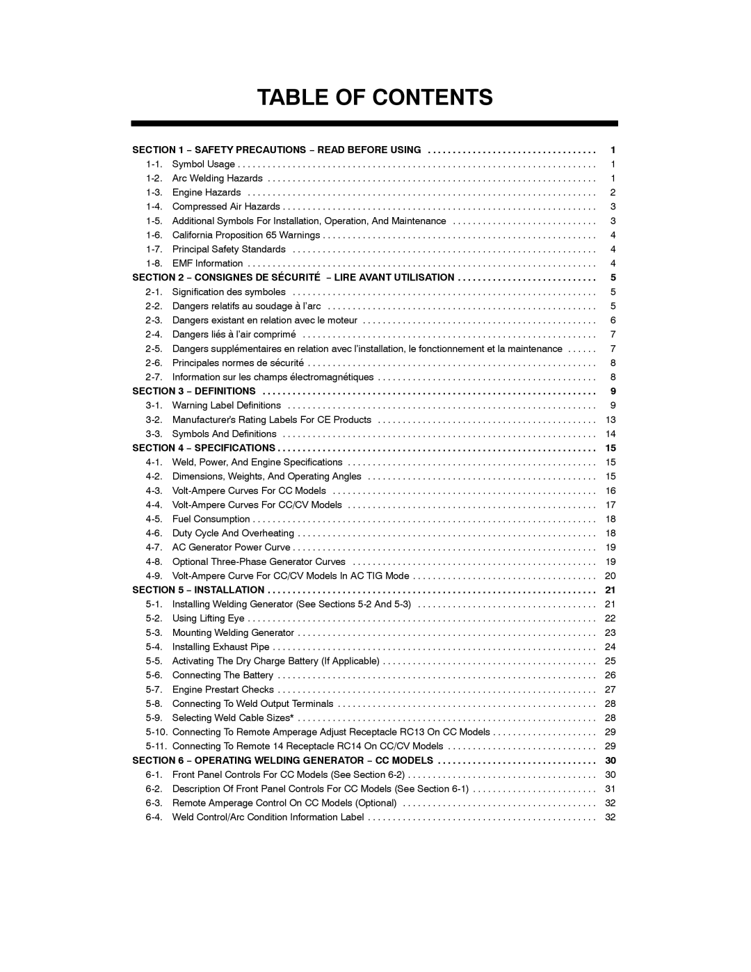 Miller Electric Big 40 CAT manual Table of Contents 