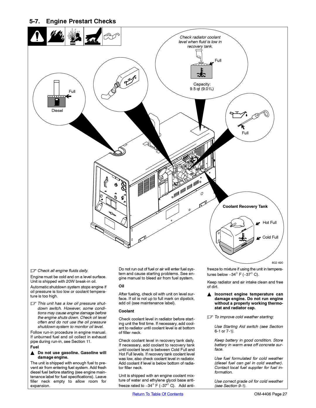 Miller Electric Big 40 CAT manual Engine Prestart Checks, Coolant Recovery Tank 