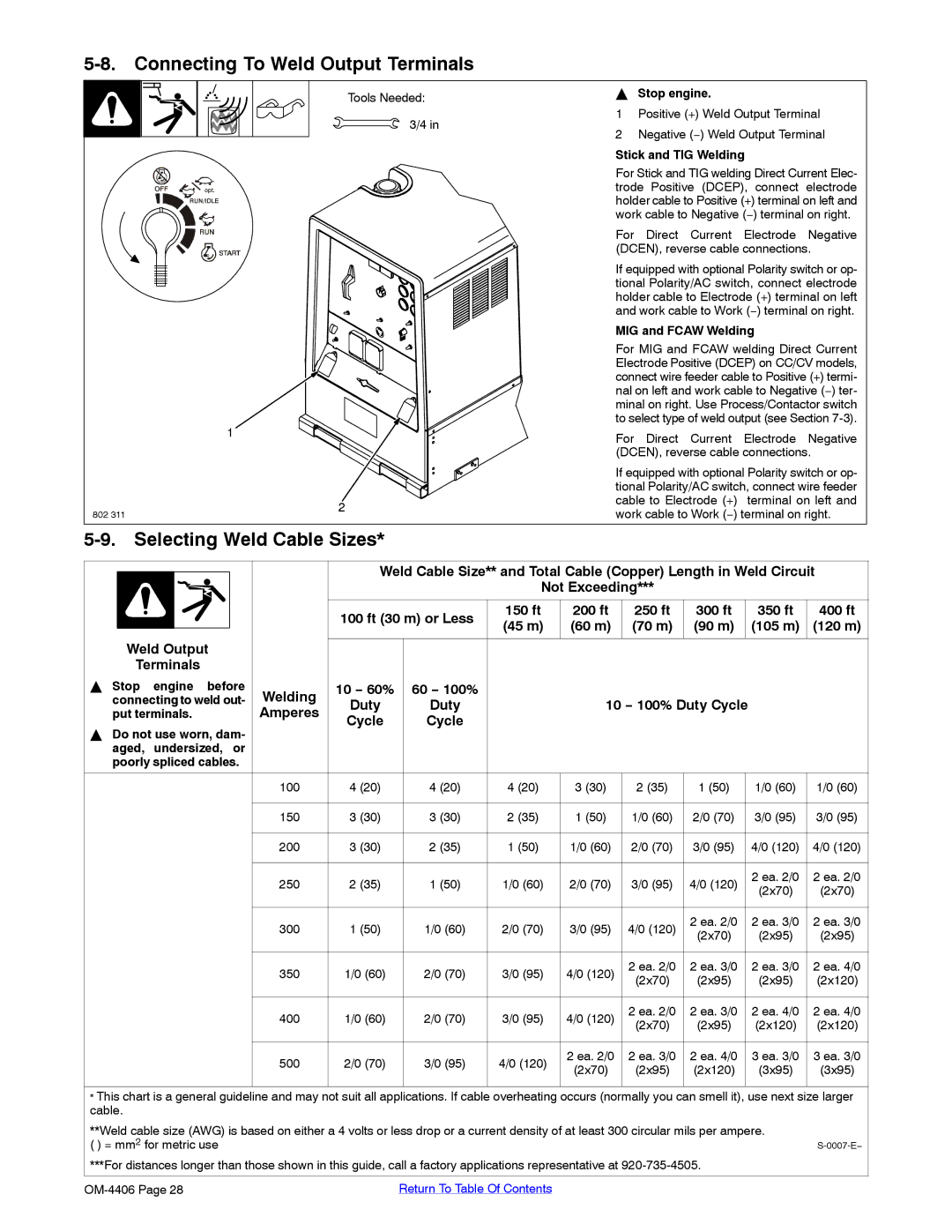 Miller Electric Big 40 CAT manual Connecting To Weld Output Terminals, Selecting Weld Cable Sizes 