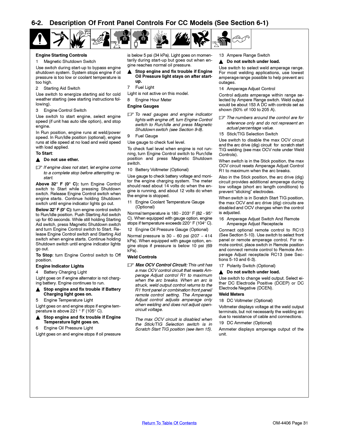 Miller Electric Big 40 CAT Engine Starting Controls, To Start Do not use ether, Engine Indicator Lights, Engine Gauges 