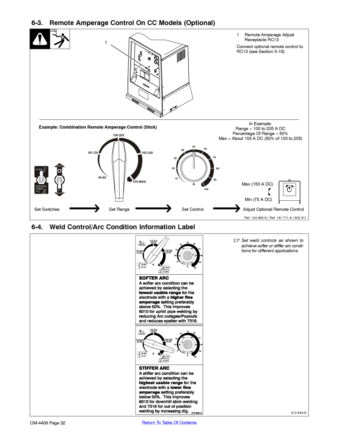 Miller Electric Big 40 CAT Remote Amperage Control On CC Models Optional, Weld Control/Arc Condition Information Label 