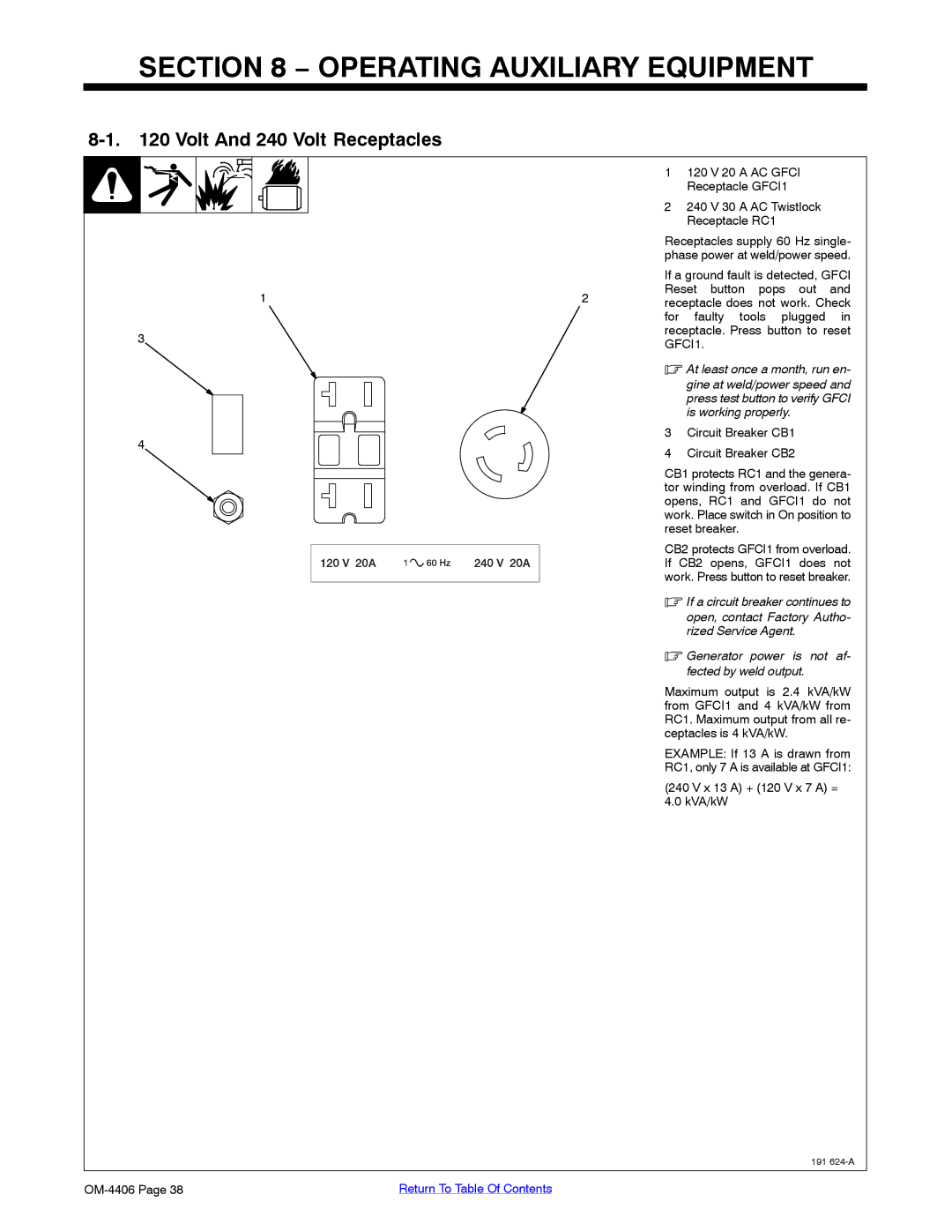 Miller Electric Big 40 CAT Operating Auxiliary Equipment, Volt And 240 Volt Receptacles, At least once a month, run en 