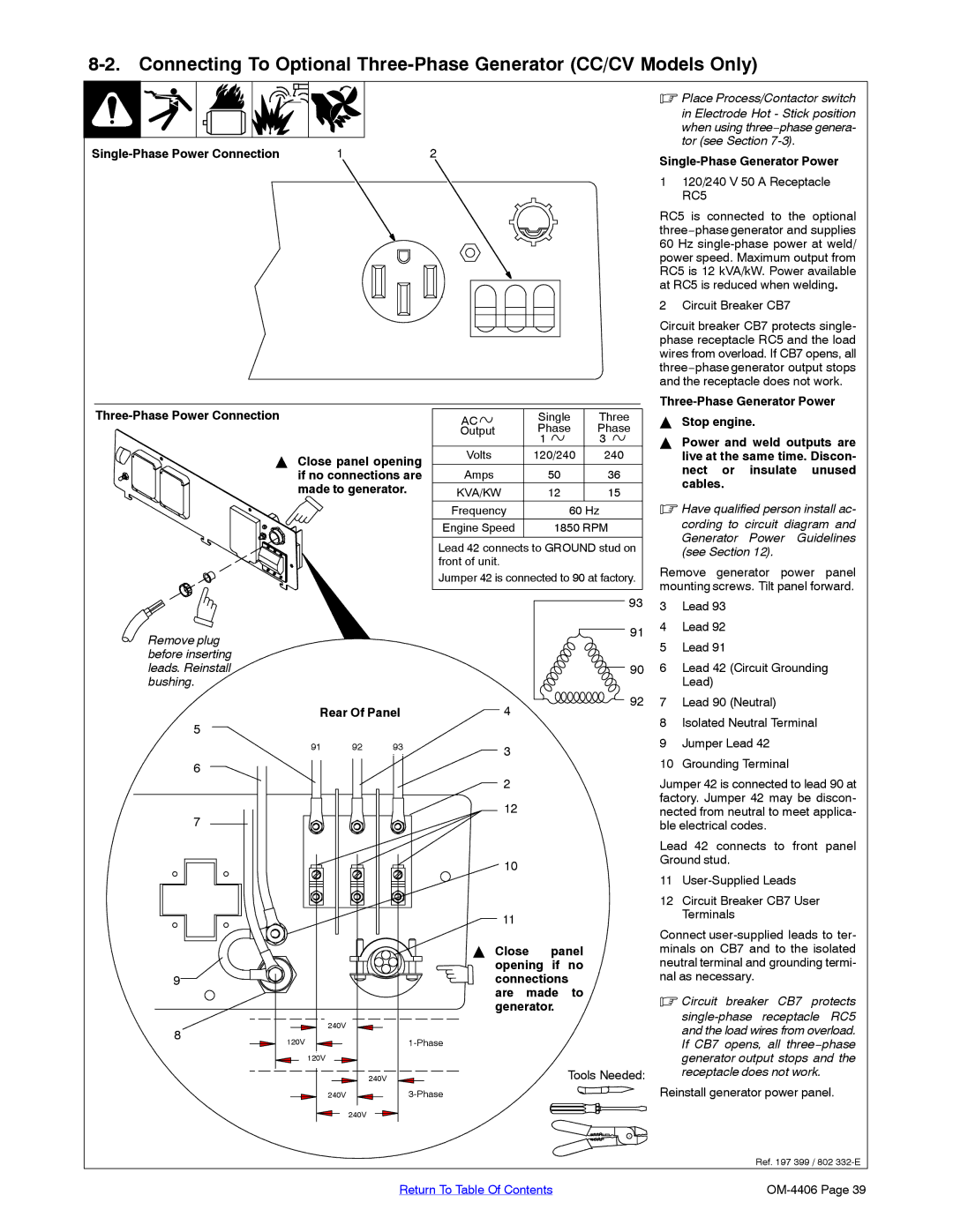 Miller Electric Big 40 CAT manual Three-Phase Power Connection, Rear Of Panel 