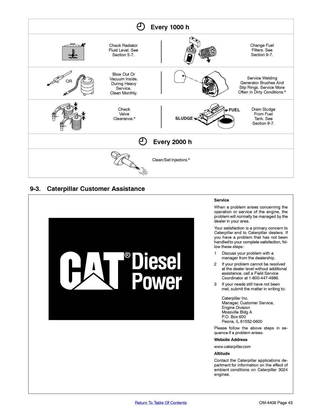 Miller Electric Big 40 CAT Every 1000 h, Every 2000 h, Caterpillar Customer Assistance, Service, Website Address Altitude 