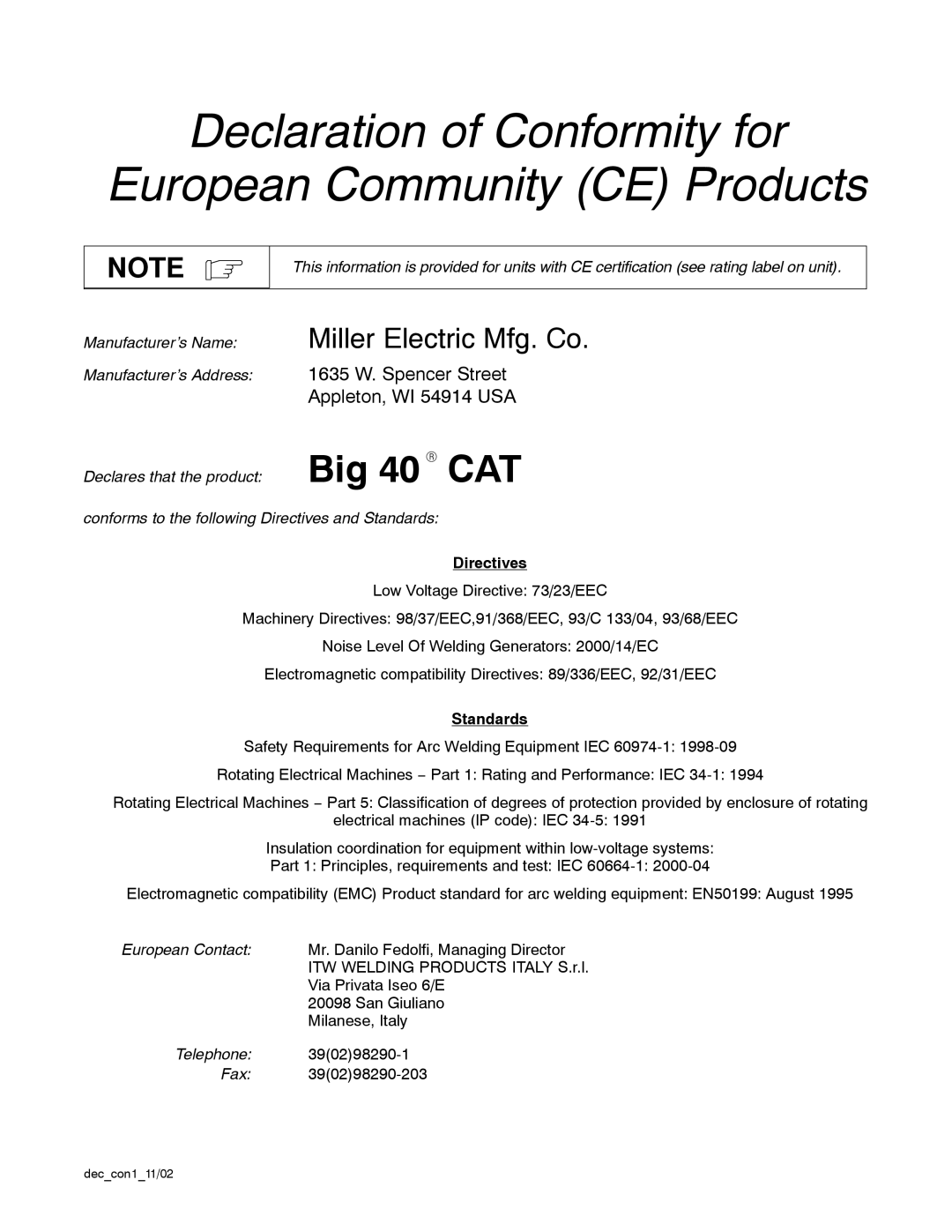 Miller Electric Big 40 CAT manual Directives, Standards, Deccon111/02 