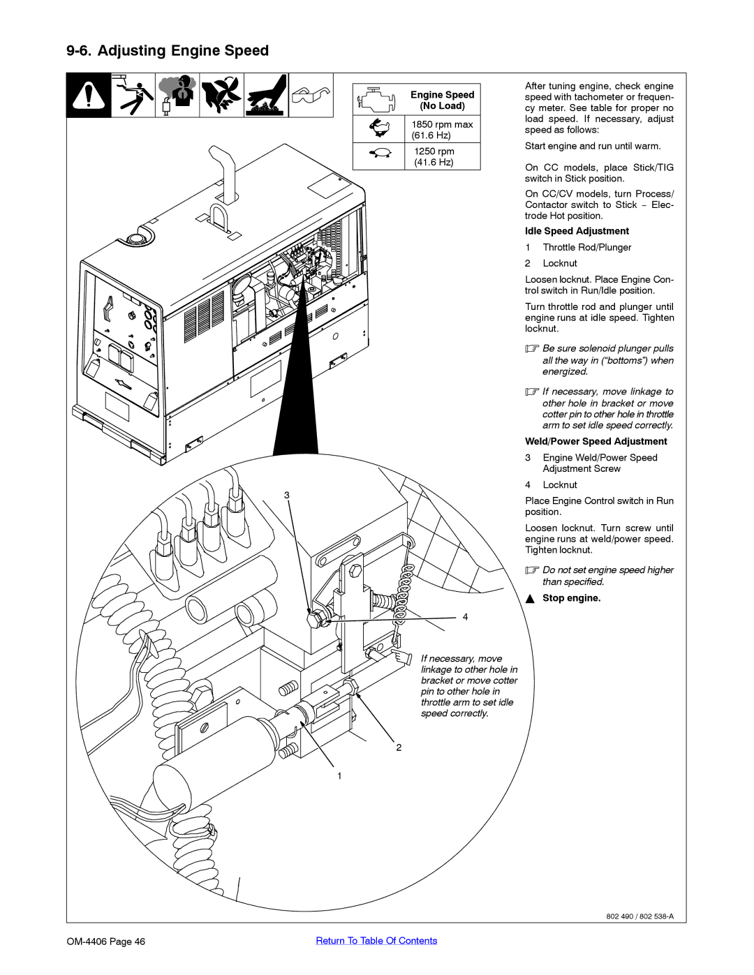 Miller Electric Big 40 CAT manual Adjusting Engine Speed, Engine Speed No Load, Idle Speed Adjustment 