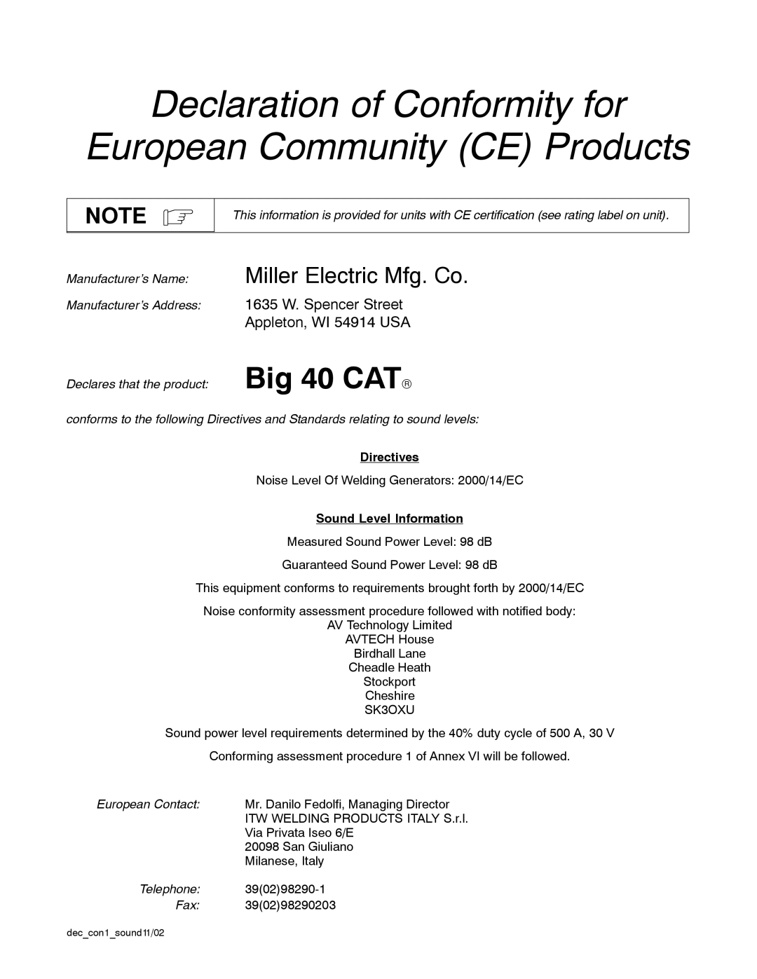 Miller Electric Big 40 CAT manual Sound Level Information, Deccon1sound11/02 