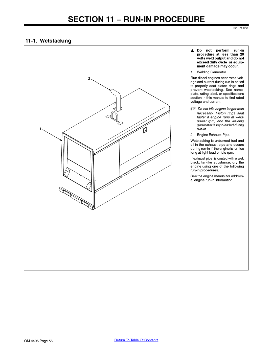 Miller Electric Big 40 CAT manual RUN-IN Procedure, Wetstacking, Welding Generator 