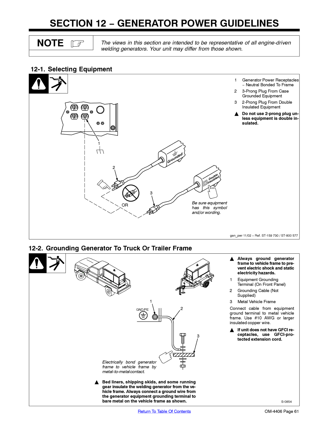 Miller Electric Big 40 CAT Generator Power Guidelines, Selecting Equipment, Grounding Generator To Truck Or Trailer Frame 