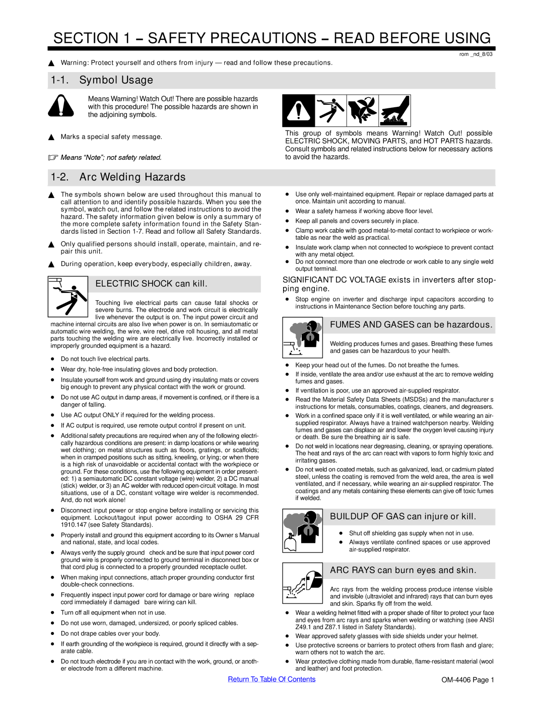 Miller Electric Big 40 CAT manual Symbol Usage, Arc Welding Hazards 