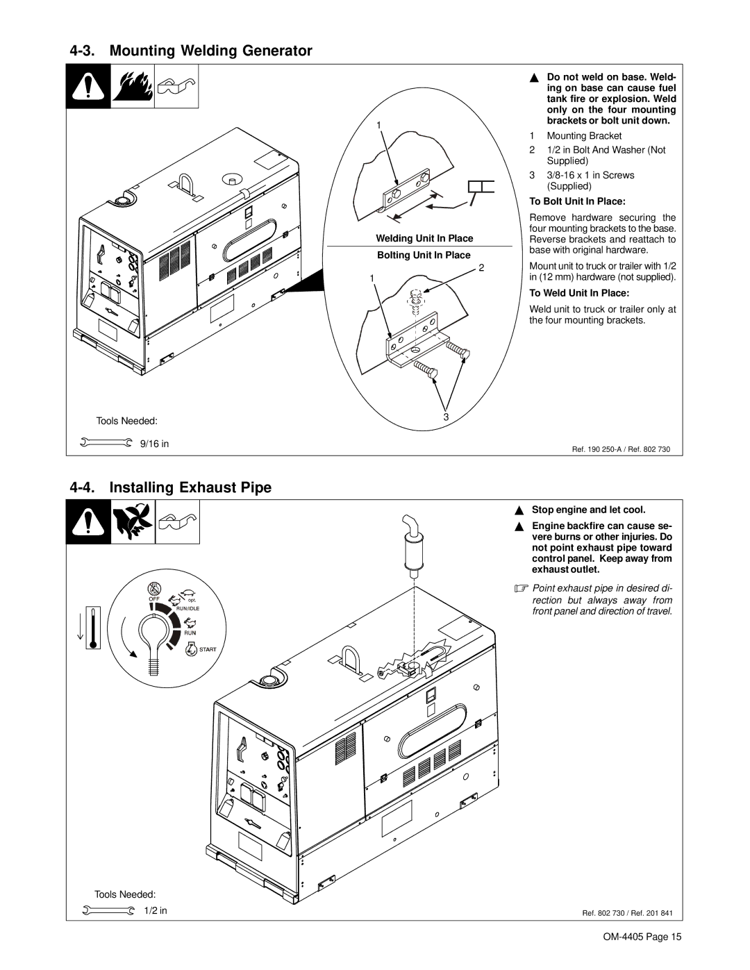 Miller Electric Big 40 WG Mounting Welding Generator, Installing Exhaust Pipe, Welding Unit In Place Bolting Unit In Place 