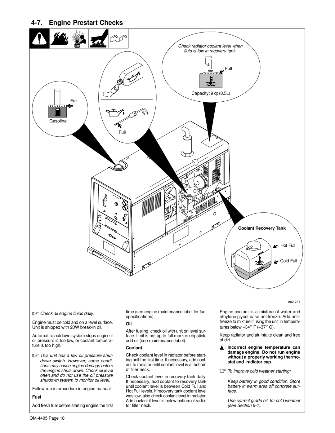 Miller Electric Big 40 WG manual Engine Prestart Checks, Coolant Recovery Tank, Fuel, Oil 