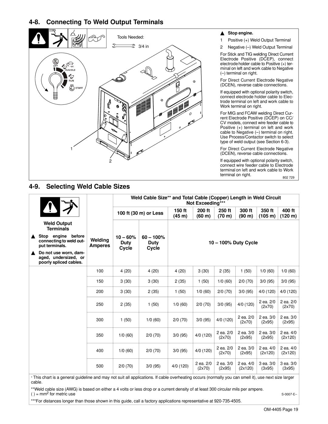 Miller Electric Big 40 WG manual Connecting To Weld Output Terminals, Selecting Weld Cable Sizes 