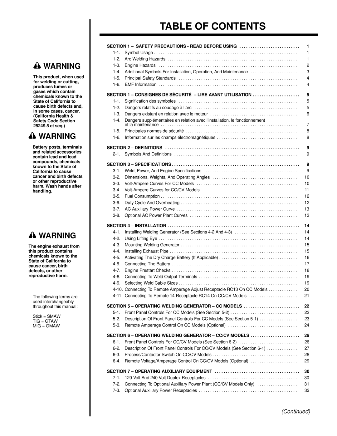 Miller Electric Big 40 WG manual Table of Contents 