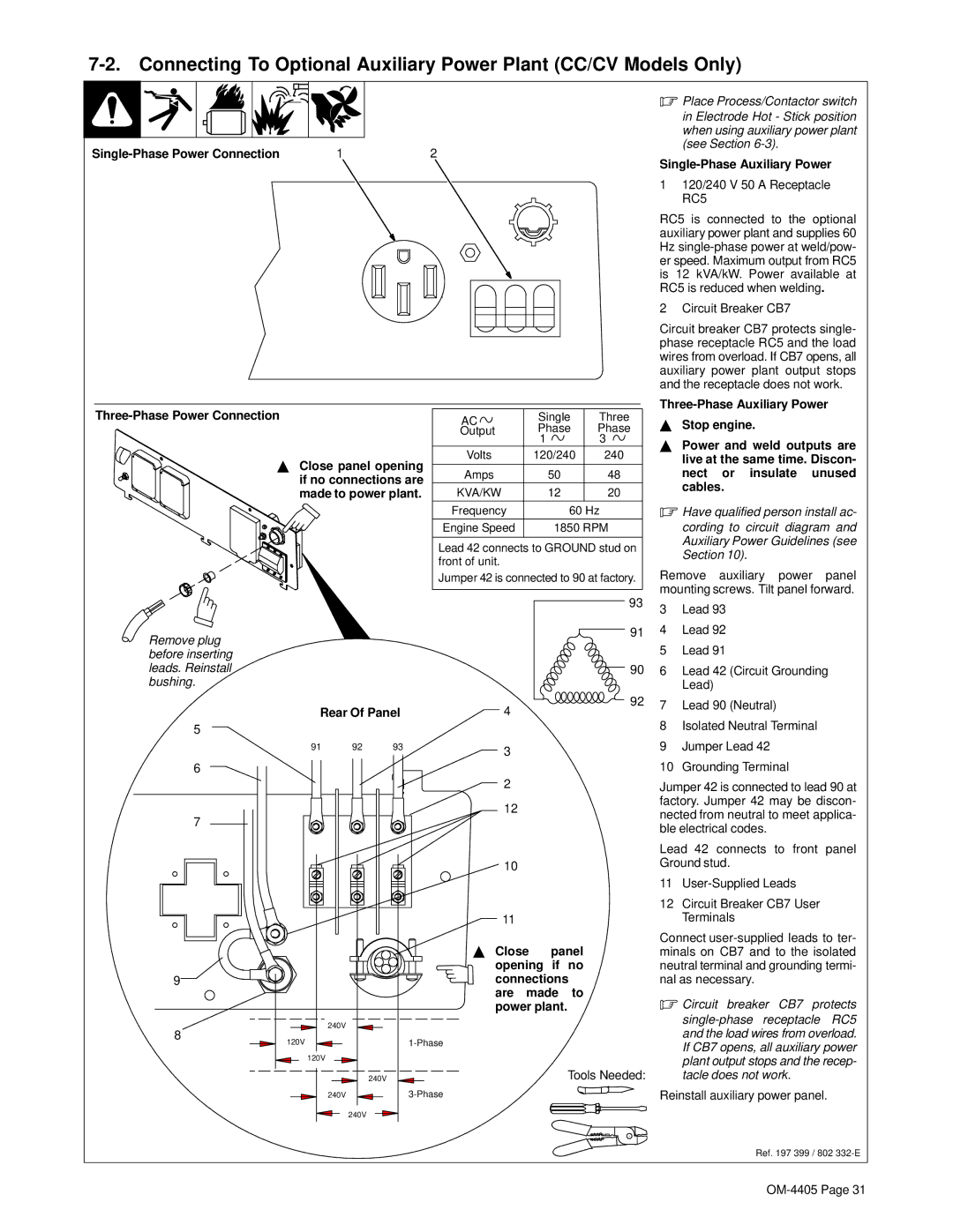 Miller Electric Big 40 WG manual Single-Phase Power Connection Single-Phase Auxiliary Power, Three-Phase Power Connection 