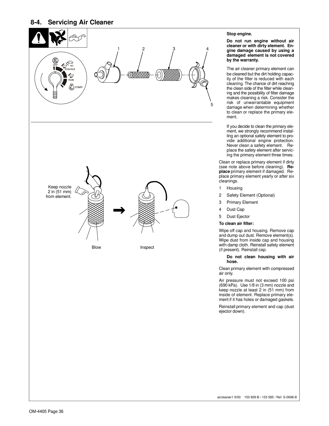 Miller Electric Big 40 WG manual Servicing Air Cleaner 