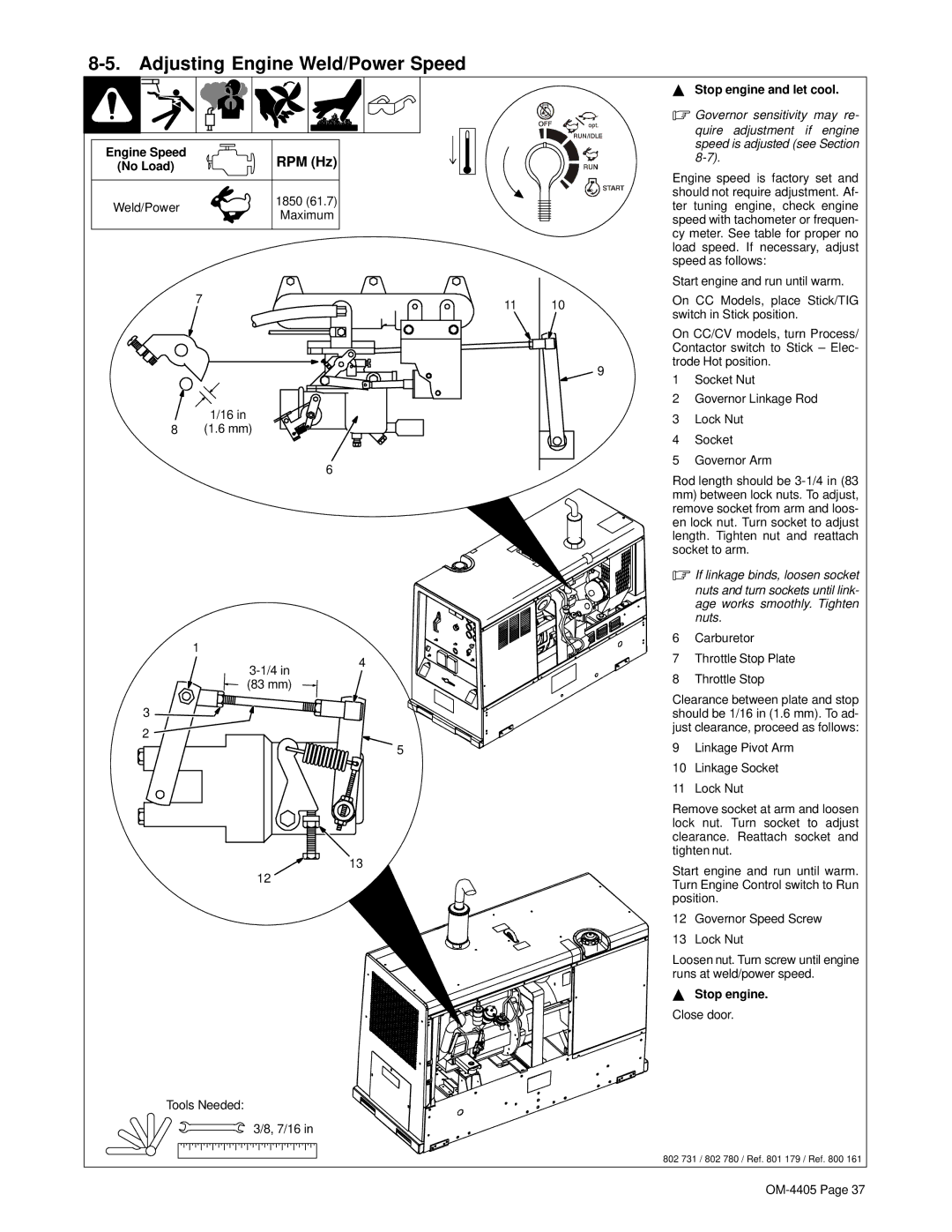 Miller Electric Big 40 WG manual Adjusting Engine Weld/Power Speed, Maximum 