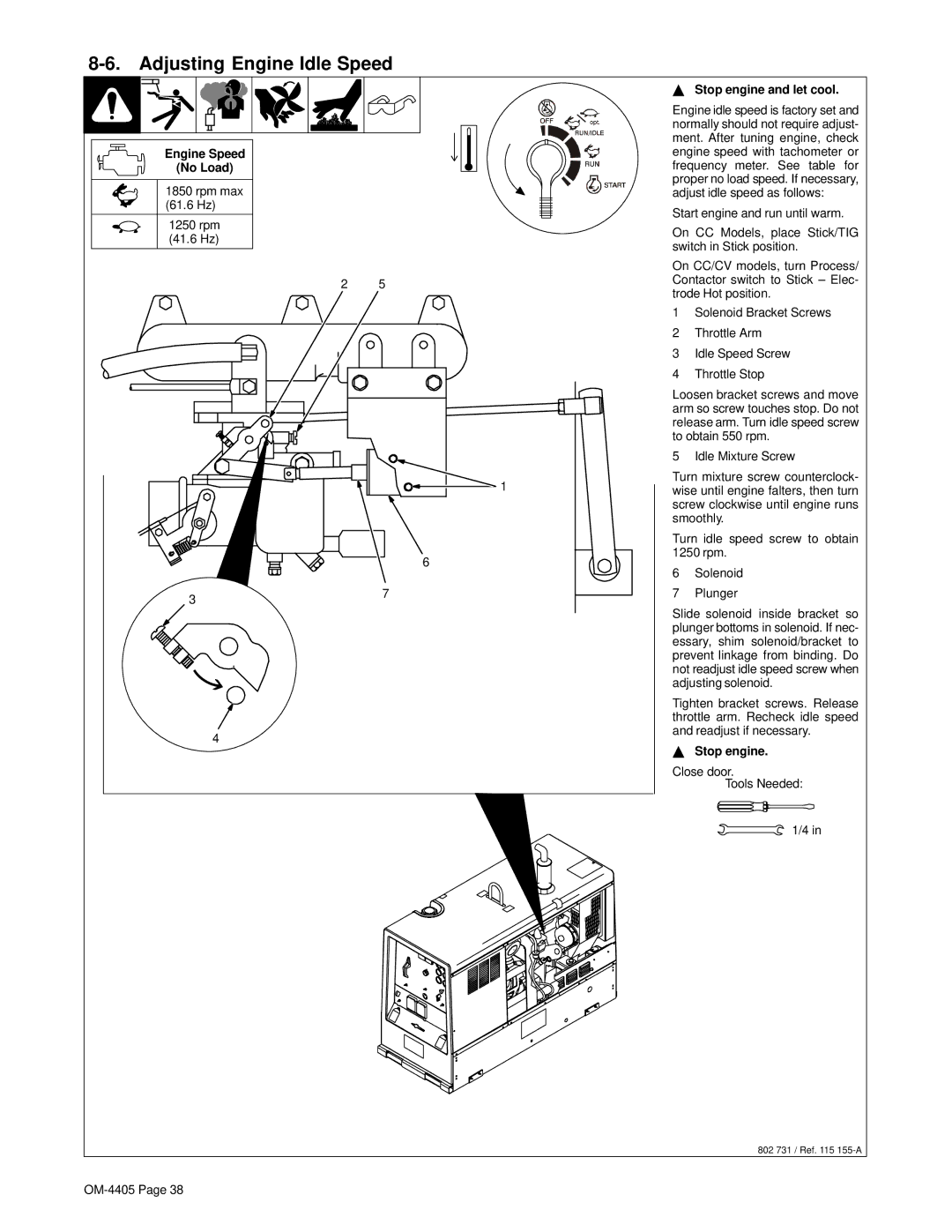 Miller Electric Big 40 WG manual Adjusting Engine Idle Speed, Engine Speed, No Load 