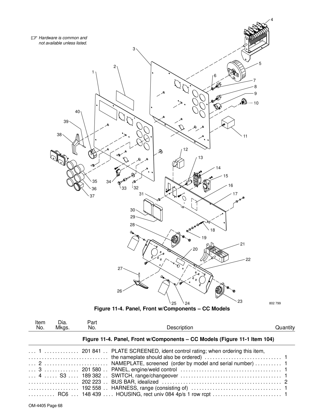 Miller Electric Big 40 WG manual Panel, Front w/Components CC Models 