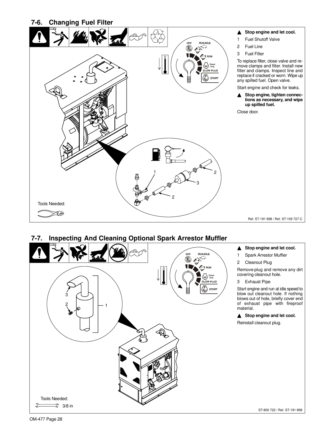 Miller Electric Big 40G manual Changing Fuel Filter, Inspecting And Cleaning Optional Spark Arrestor Muffler 