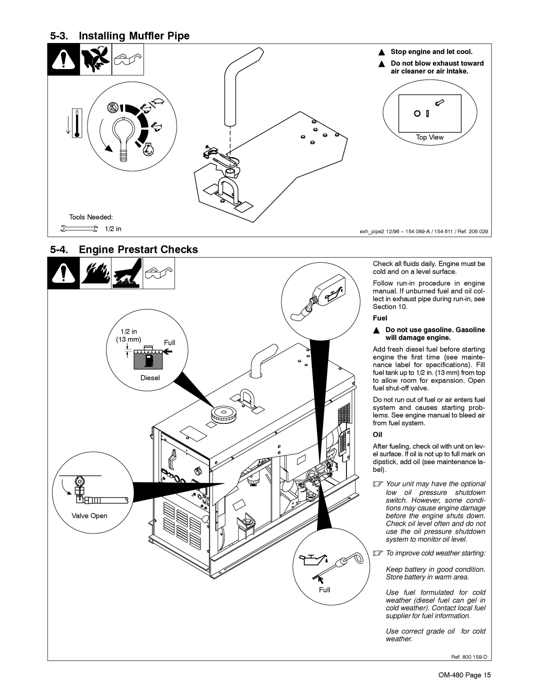 Miller Electric Big Blue 251D manual Installing Muffler Pipe, Engine Prestart Checks, Stop engine and let cool, Oil 