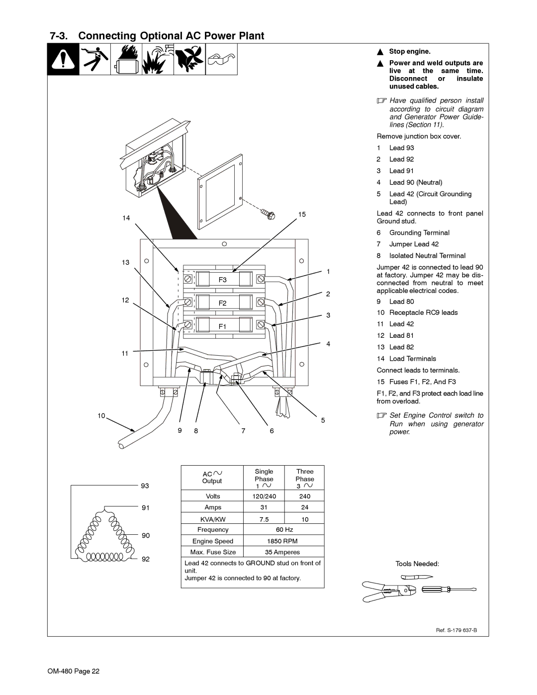 Miller Electric Big Blue 251D manual Connecting Optional AC Power Plant, Tools Needed 