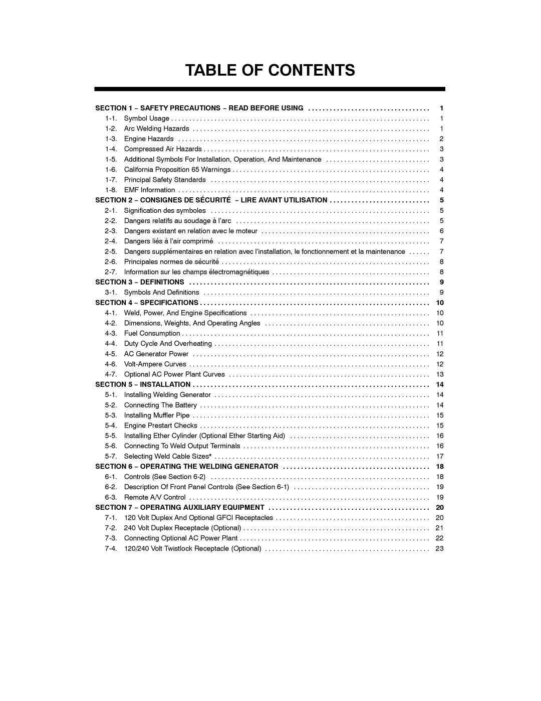 Miller Electric Big Blue 251D manual Table of Contents 