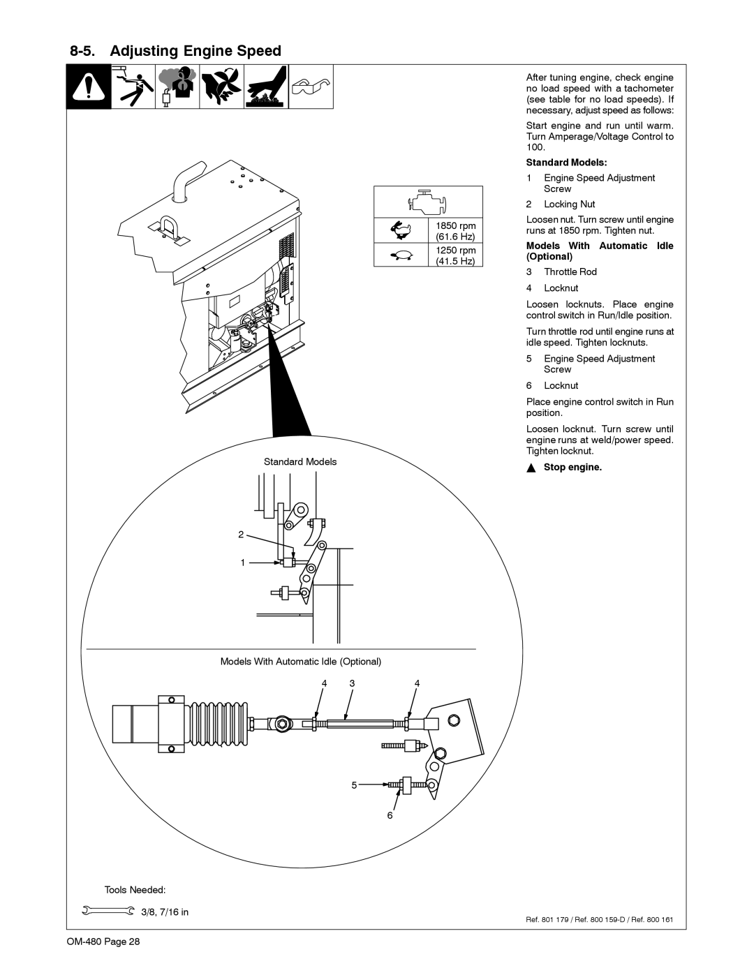 Miller Electric Big Blue 251D manual Adjusting Engine Speed, Standard Models, Models With Automatic Idle Optional 