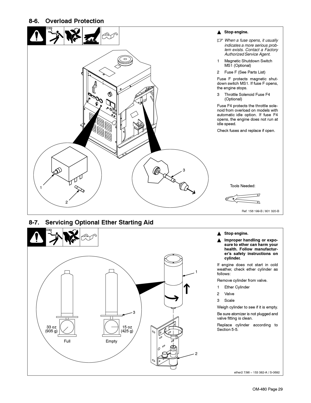 Miller Electric Big Blue 251D manual Overload Protection Servicing Optional Ether Starting Aid, Full Empty 