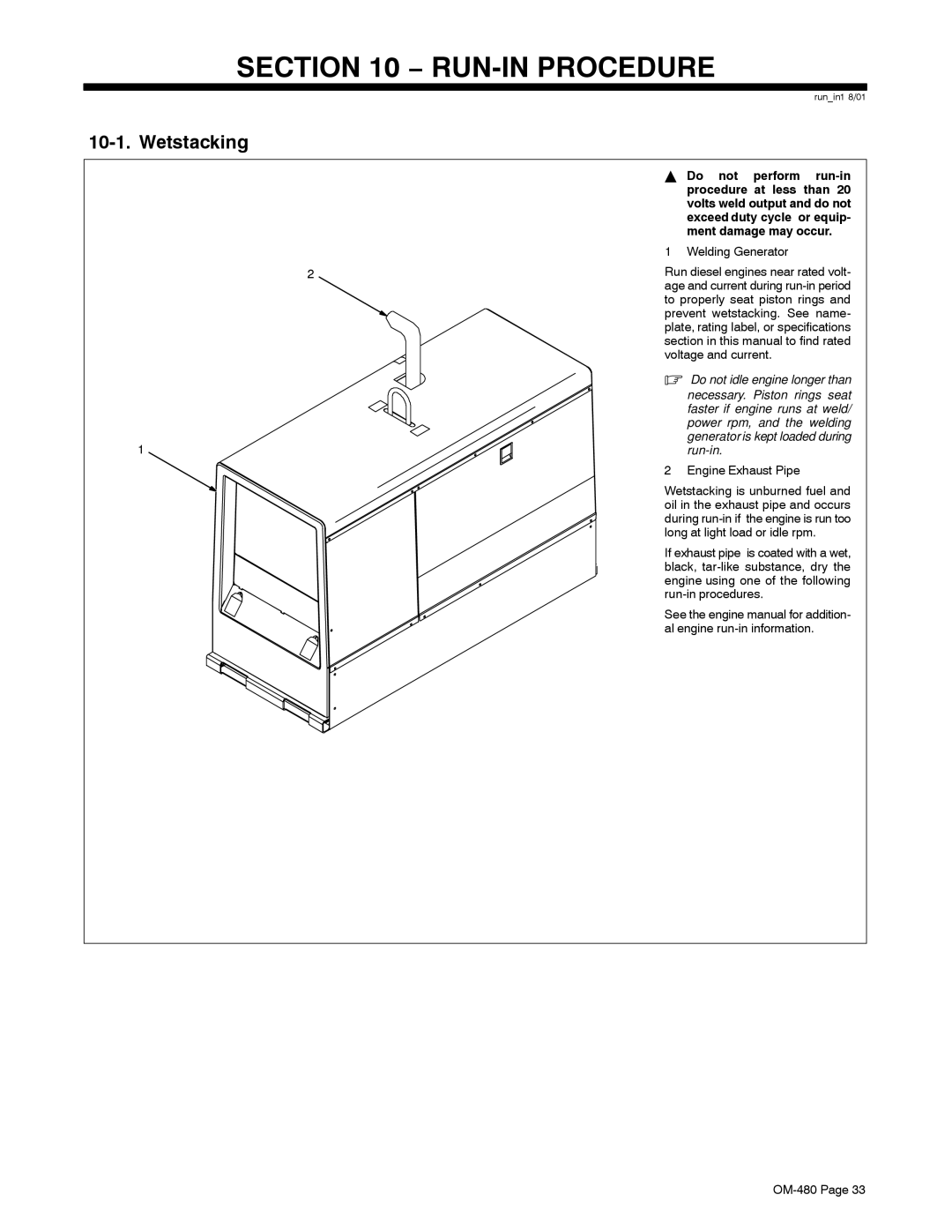 Miller Electric Big Blue 251D manual RUN-IN Procedure, Wetstacking, Welding Generator 