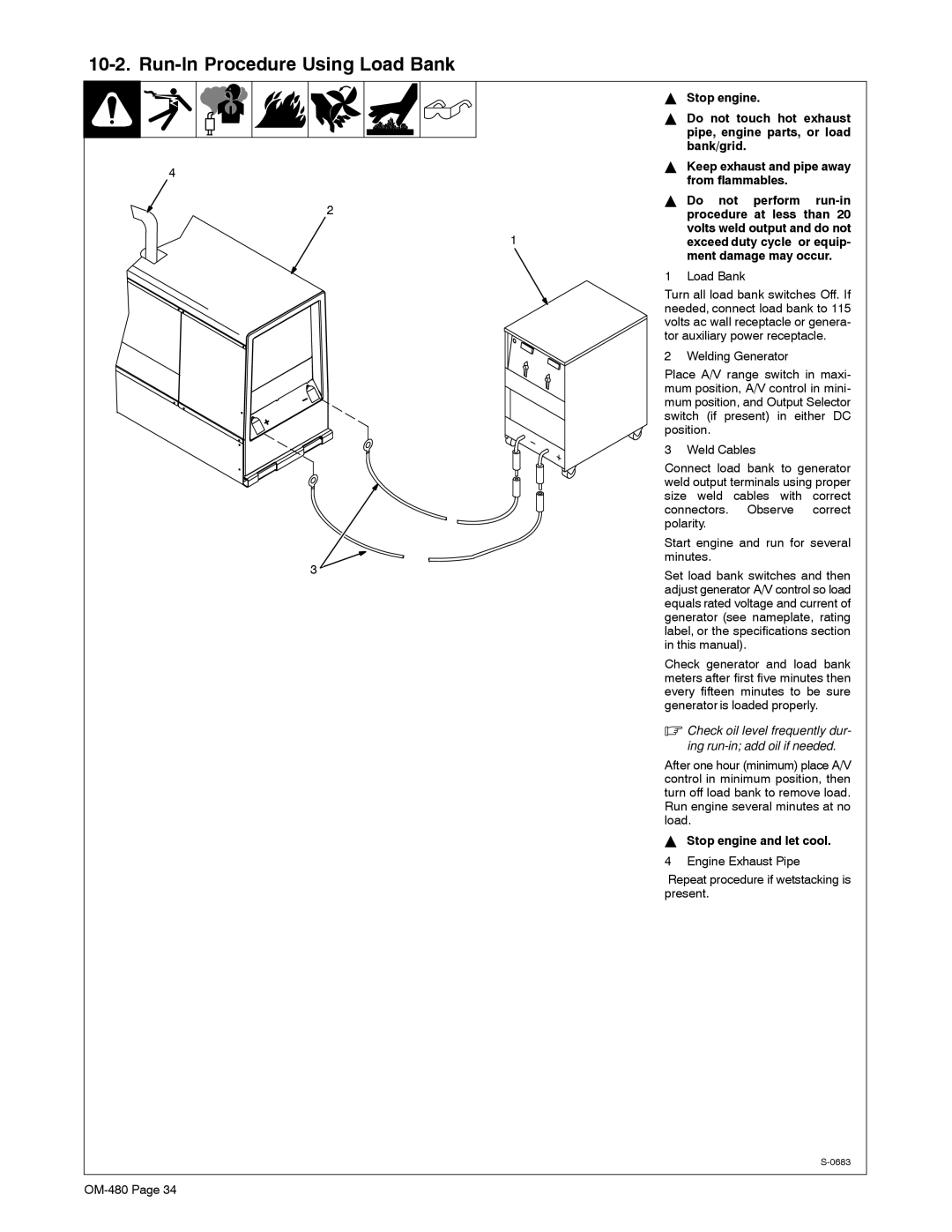 Miller Electric Big Blue 251D manual Run-In Procedure Using Load Bank, Stop engine Do not touch hot exhaust 