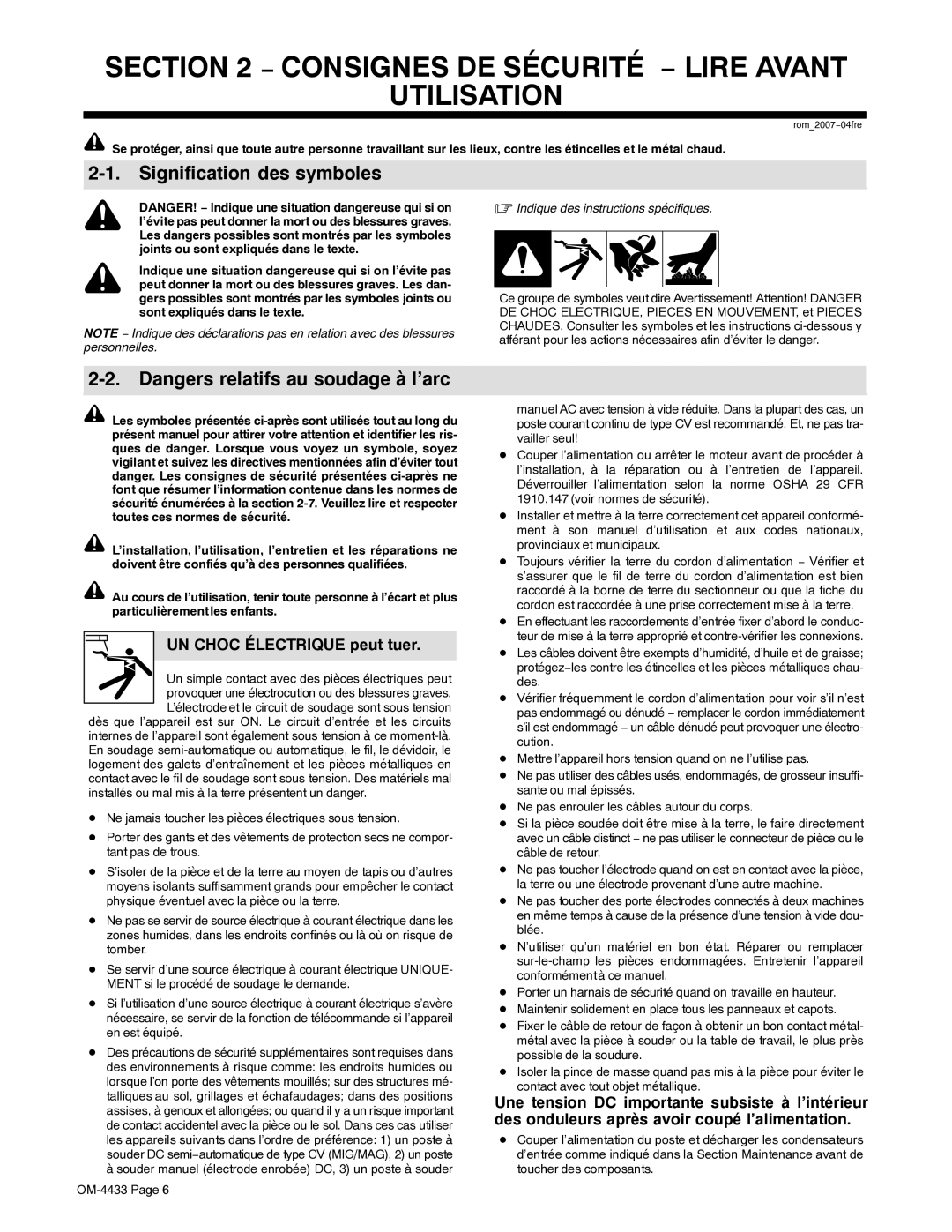 Miller Electric Big Blue 300 manual Consignes DE Sécurité − Lire Avant Utilisation, Signification des symboles 