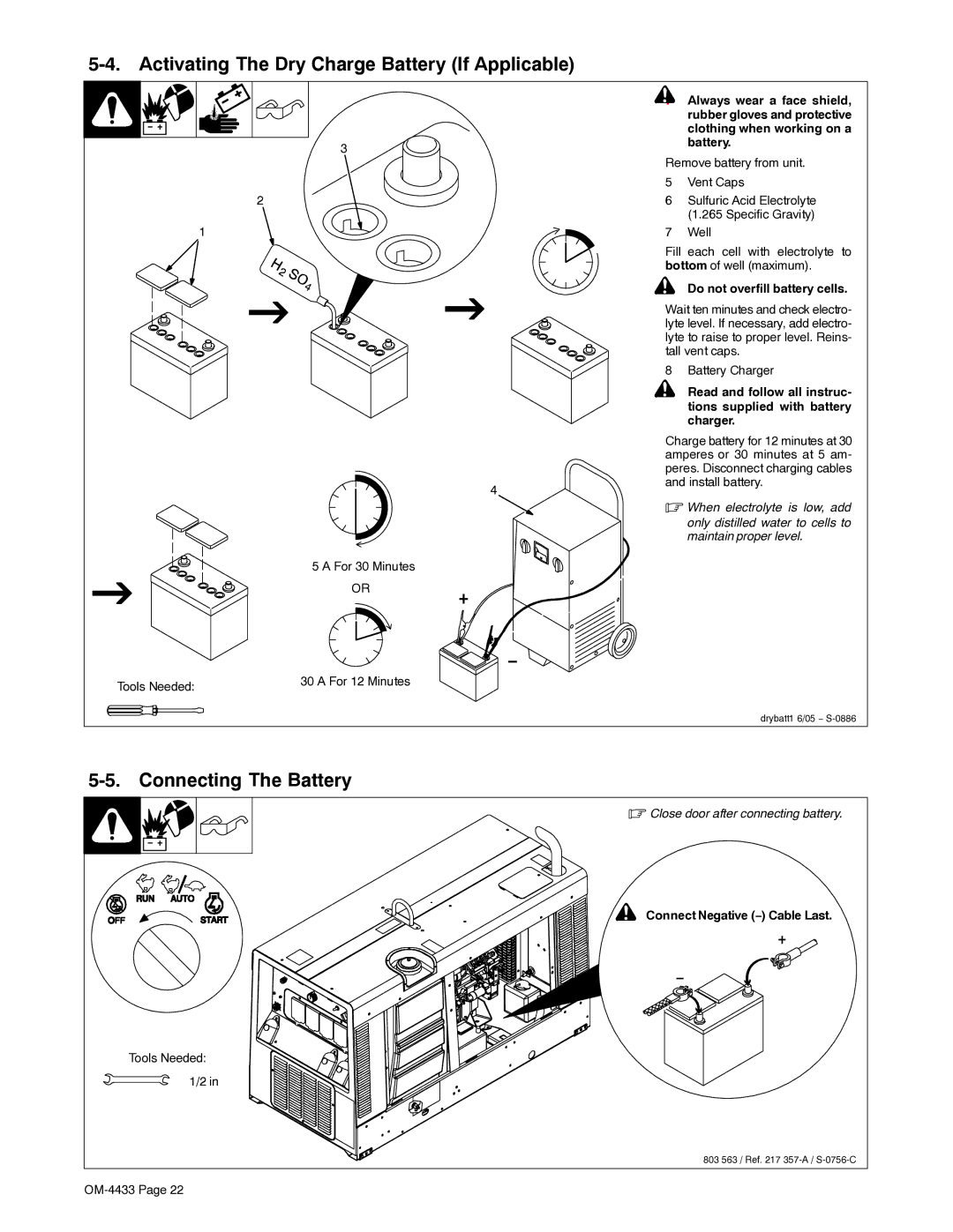 Miller Electric Big Blue 300 manual Activating The Dry Charge Battery If Applicable, Connecting The Battery 