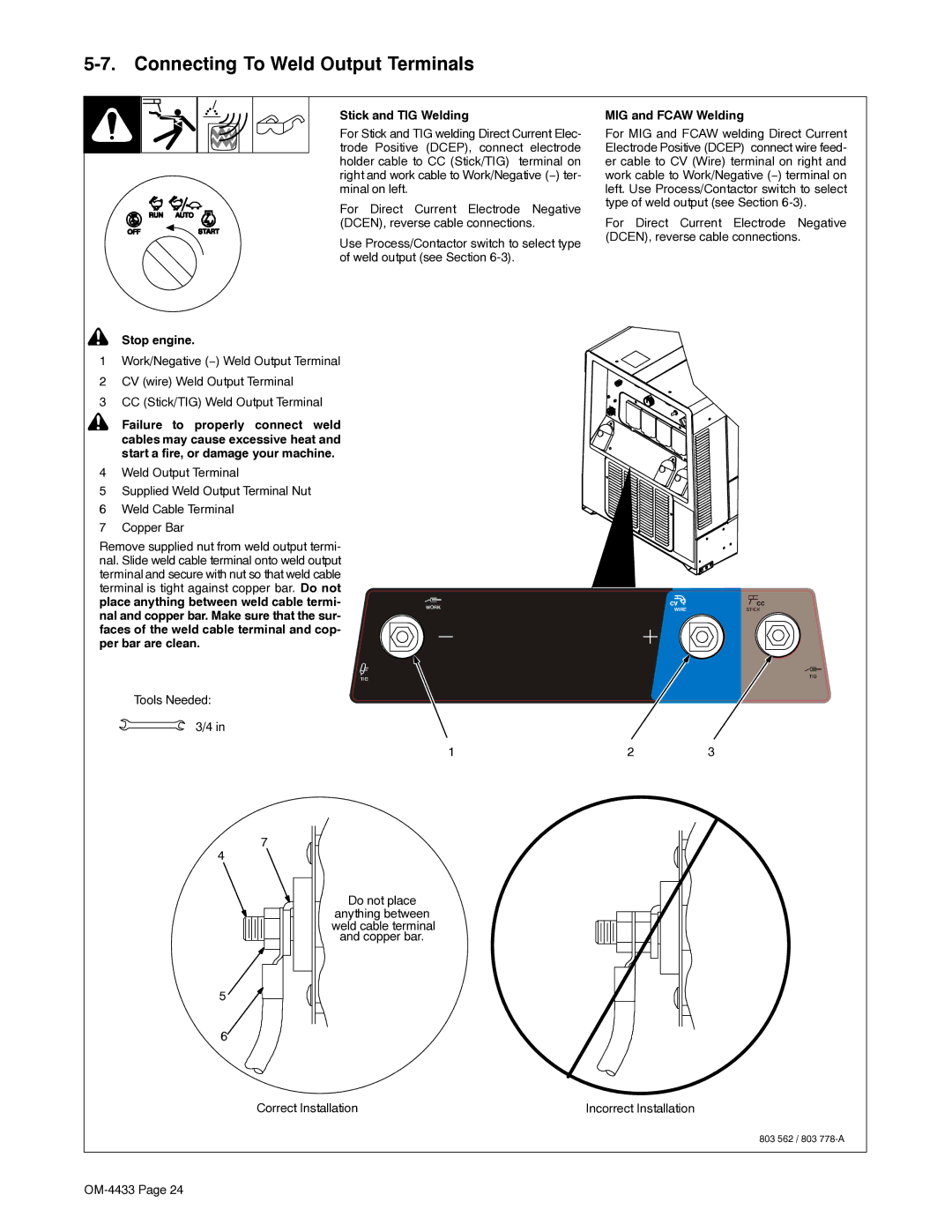 Miller Electric Big Blue 300 Connecting To Weld Output Terminals, Stick and TIG Welding, MIG and Fcaw Welding, Stop engine 