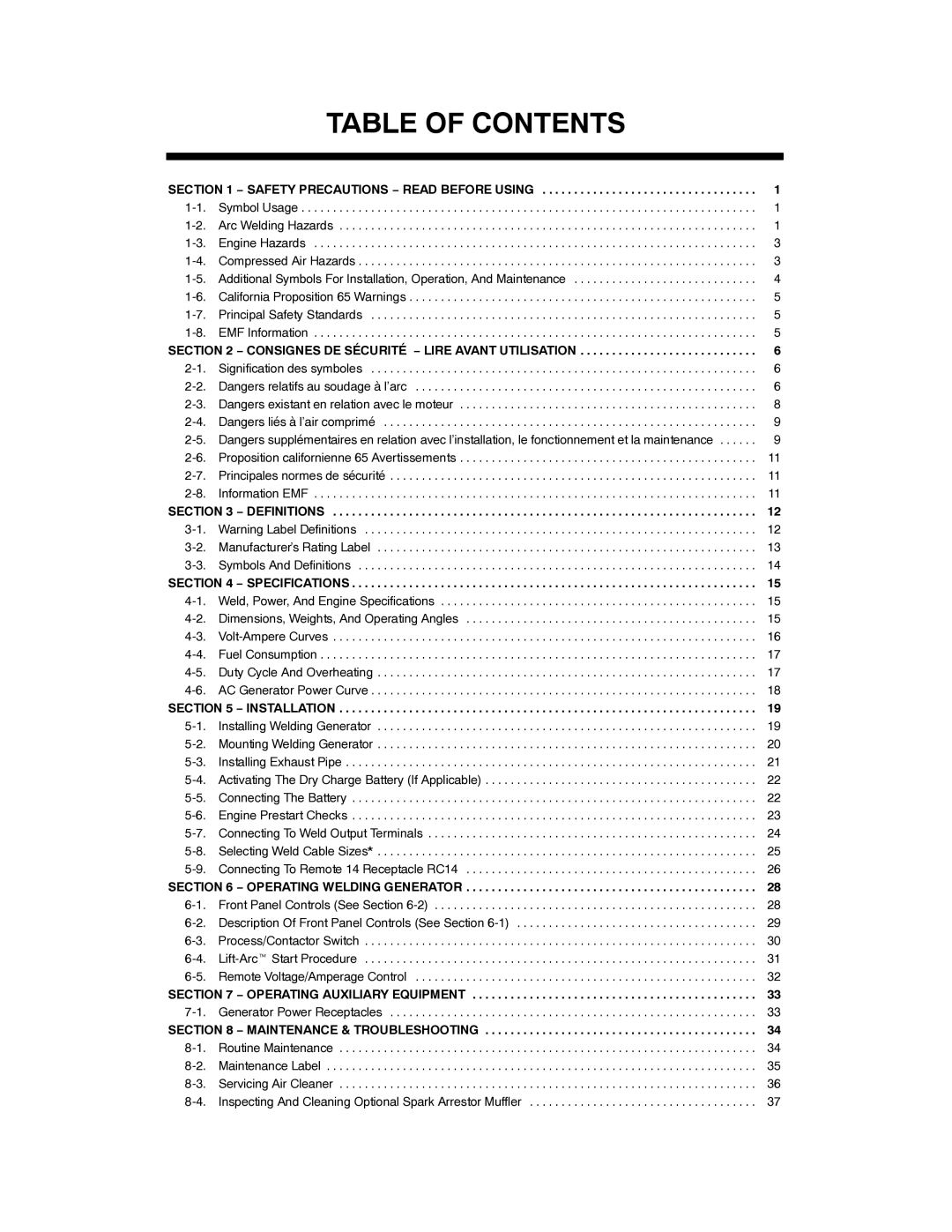 Miller Electric Big Blue 300 manual Table of Contents 