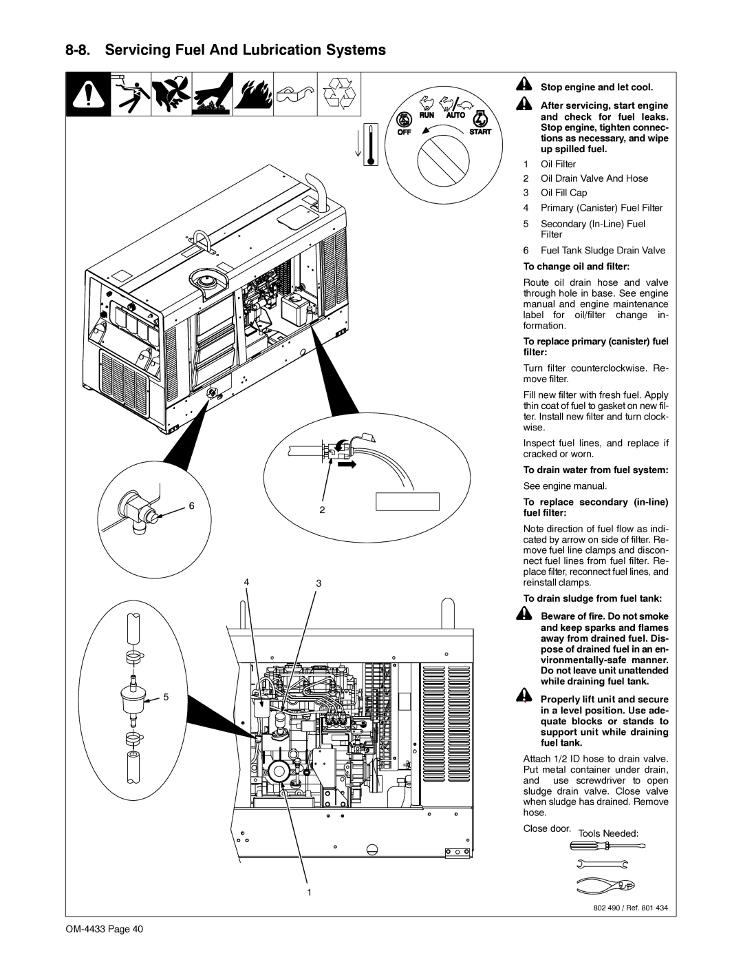 Miller Electric Big Blue 300 Servicing Fuel And Lubrication Systems, To change oil and filter, See engine manual 