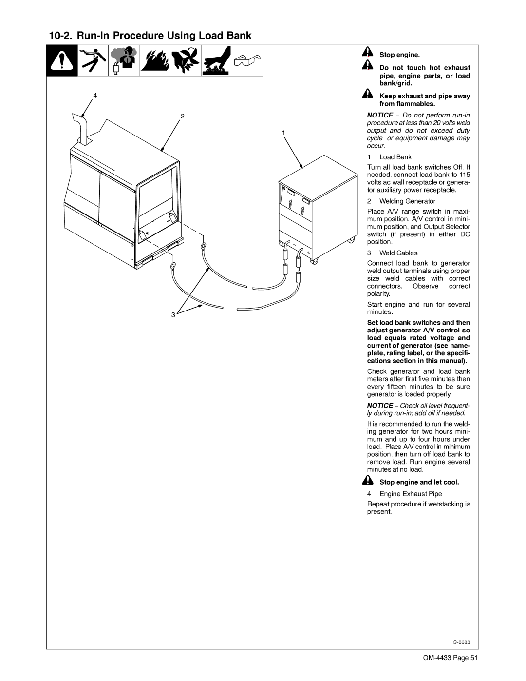 Miller Electric Big Blue 300 manual Run-In Procedure Using Load Bank, From flammables, Output and do not exceed duty, Occur 