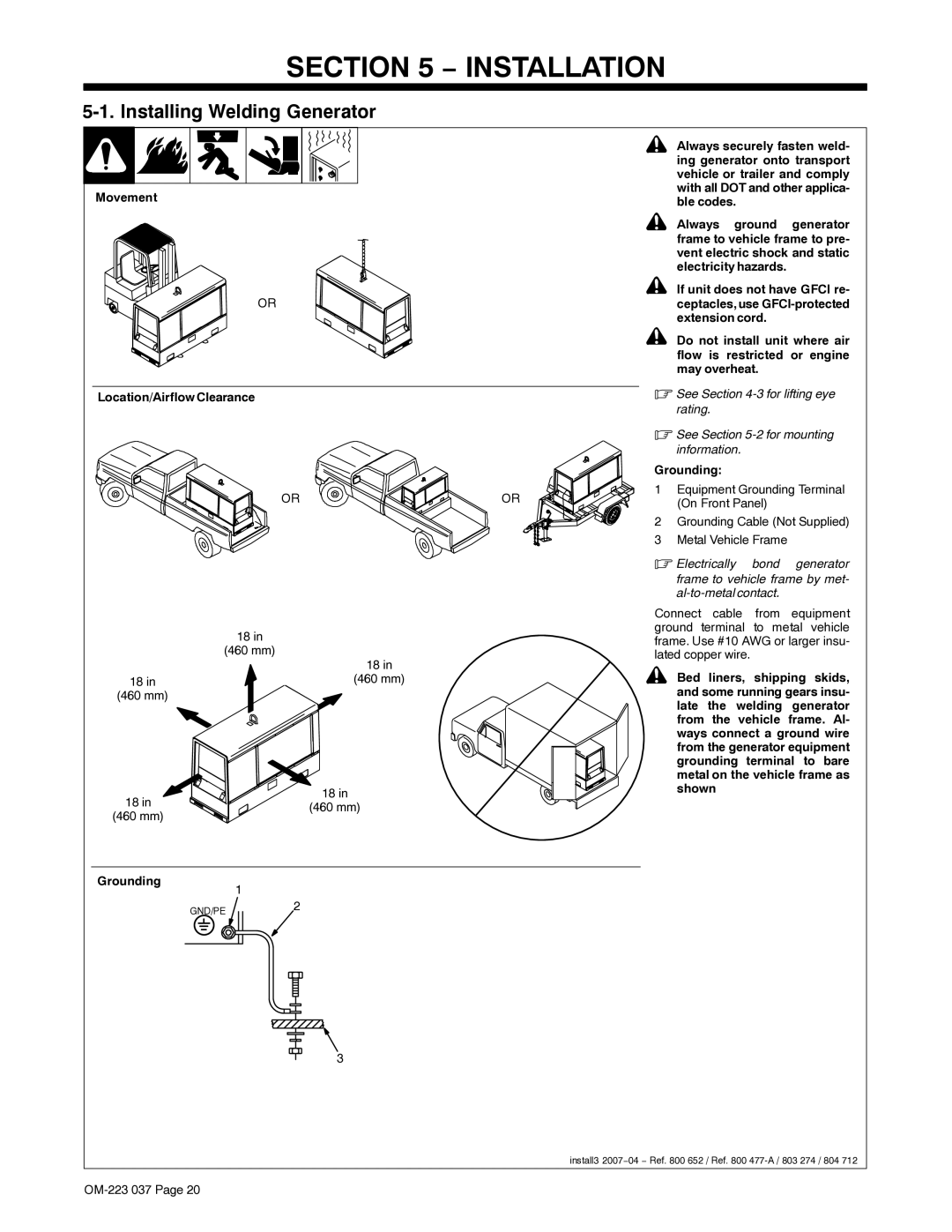 Miller Electric Big Blue 400 PX manual Installation, Installing Welding Generator, Location/Airflow Clearance, Grounding1 