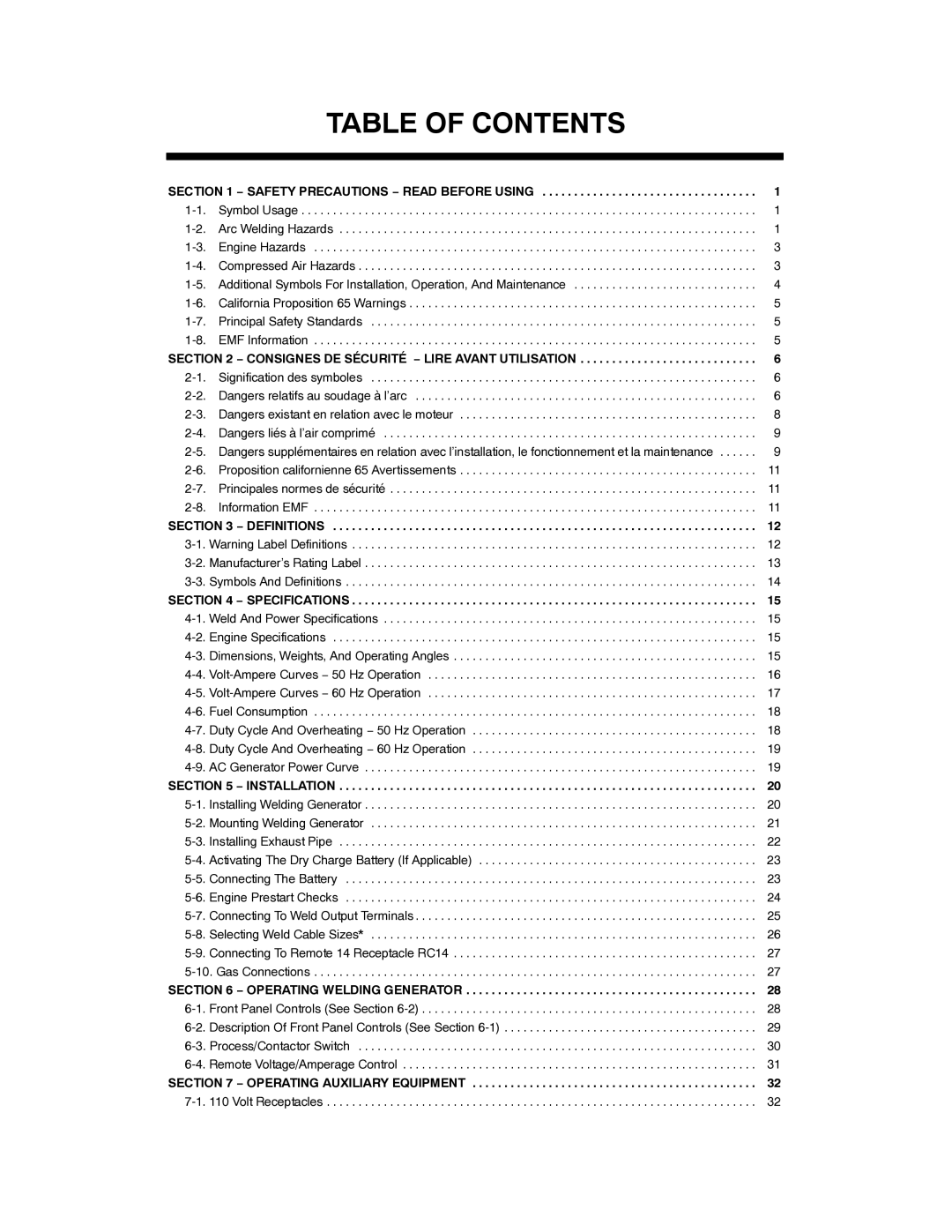 Miller Electric Big Blue 400 PX manual Table of Contents 