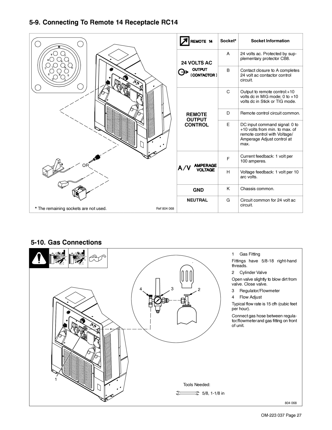 Miller Electric Big Blue 400 PX manual Connecting To Remote 14 Receptacle RC14, Gas Connections, Socket Information 