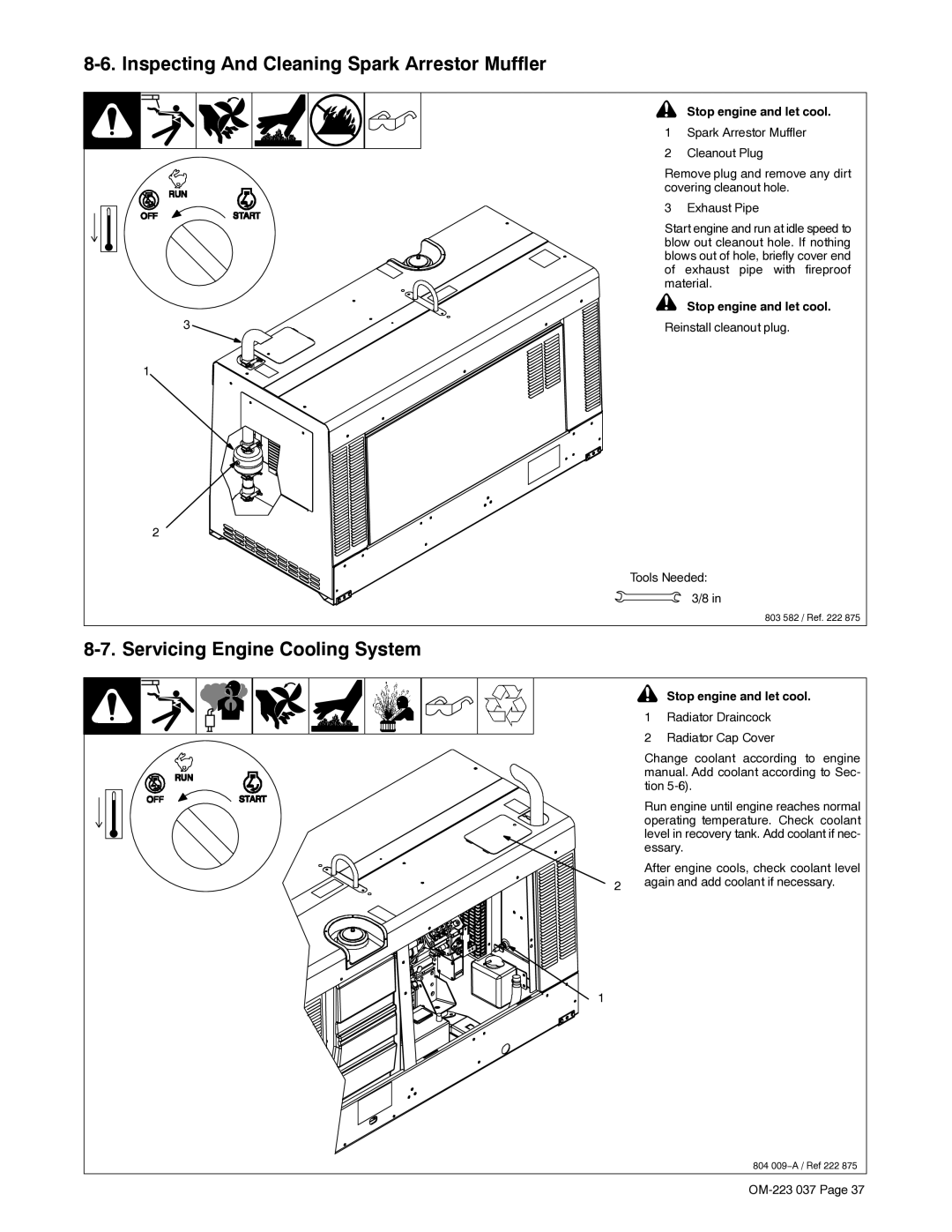 Miller Electric Big Blue 400 PX manual Inspecting And Cleaning Spark Arrestor Muffler, Servicing Engine Cooling System 