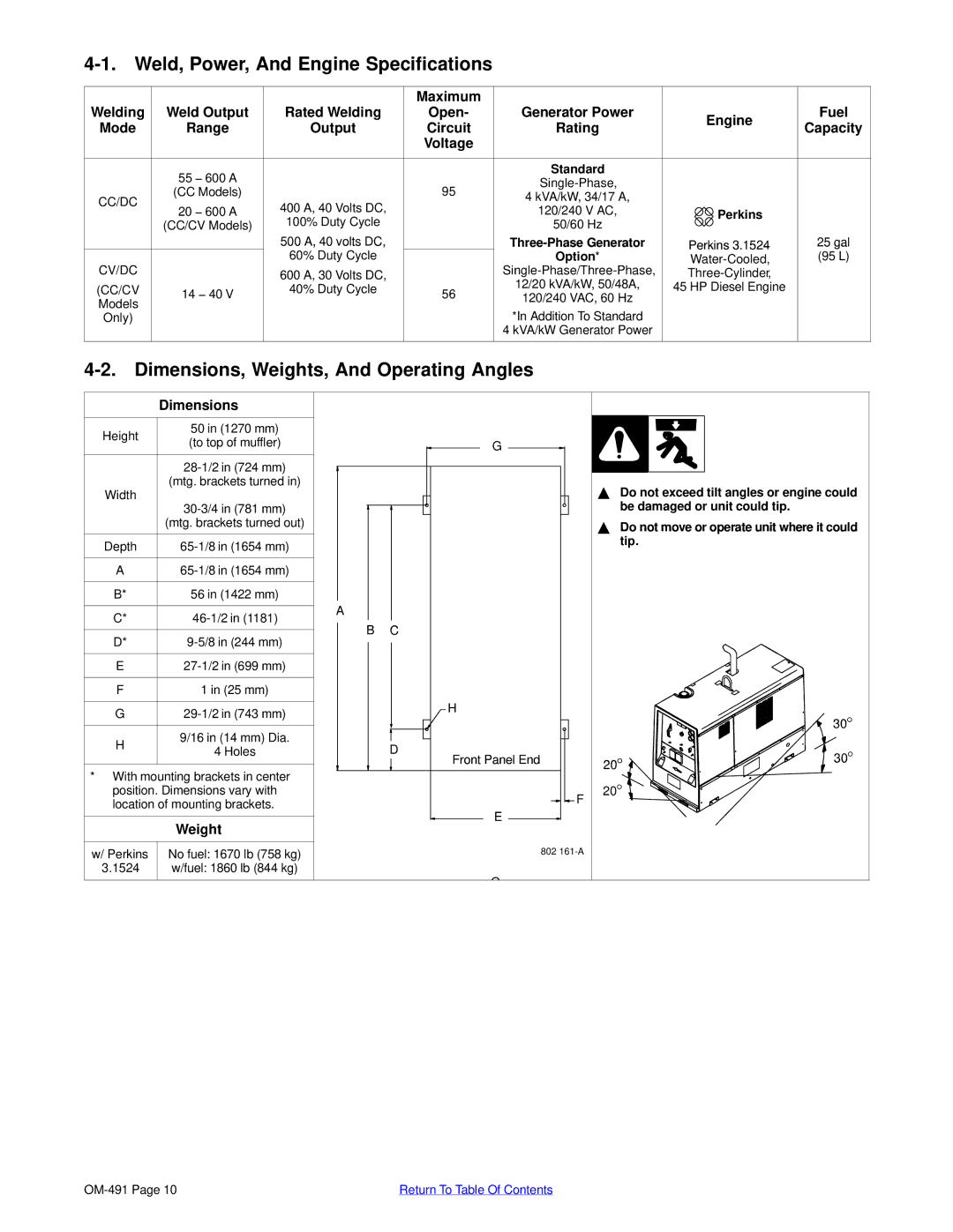 Miller Electric Big Blue 502P manual Weld, Power, And Engine Specifications, Dimensions, Weights, And Operating Angles 